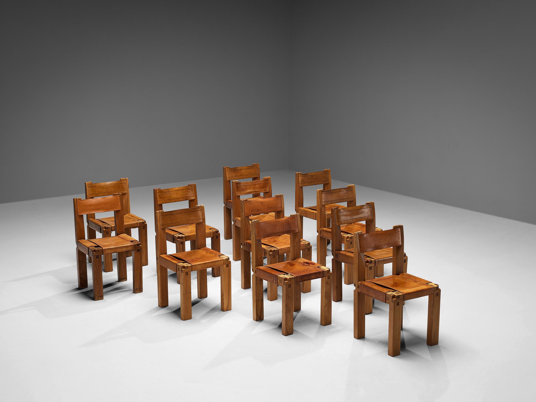 Early Pierre Chapo Set of Twelve S11 Dining Chairs in Elm & Cognac Leather  For Sale 3