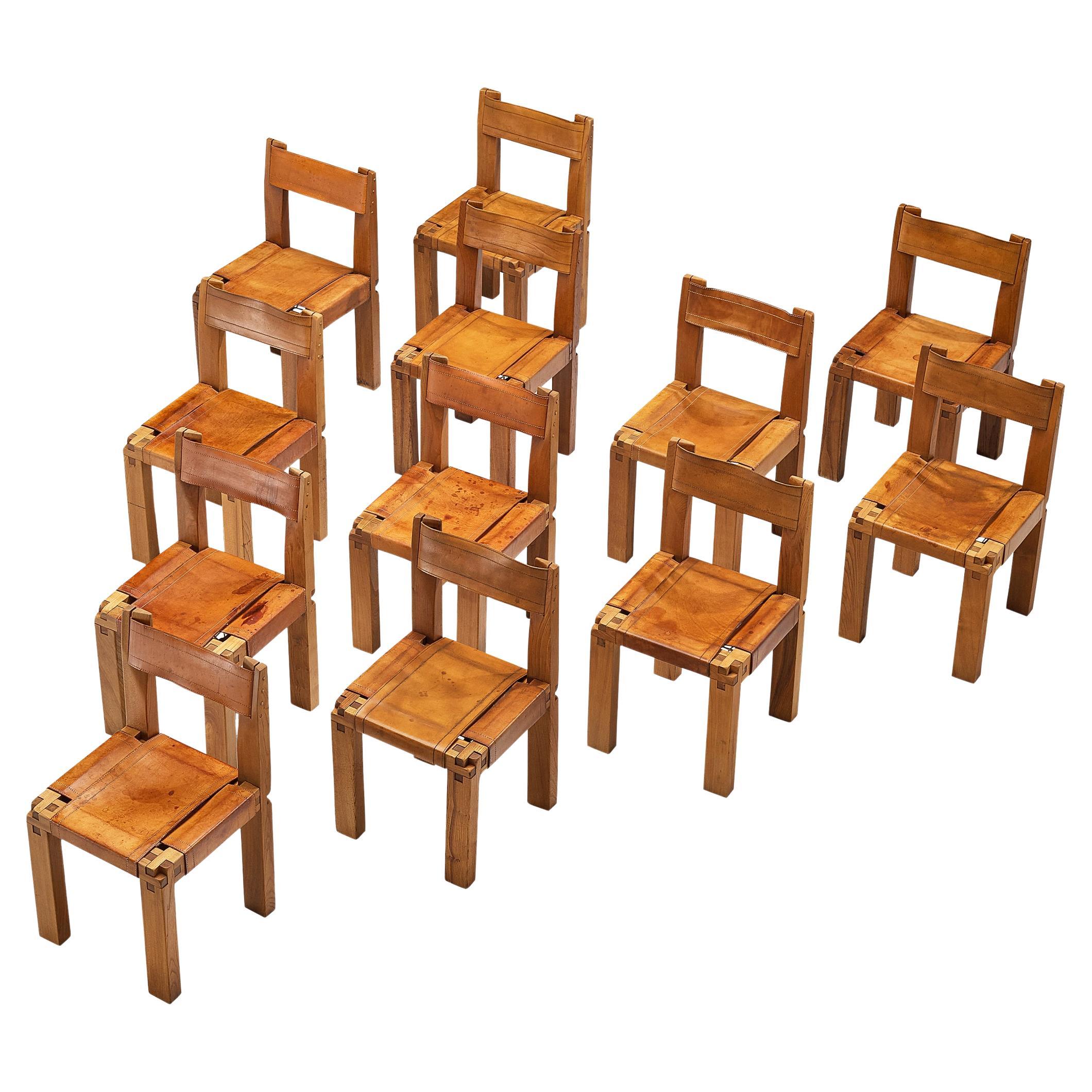 Early Pierre Chapo Set of Twelve S11 Dining Chairs in Elm & Cognac Leather 