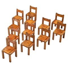 Early Pierre Chapo Set of Twelve S11 Dining Chairs in Elm & Cognac Leather 