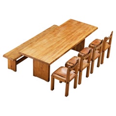 Early Pierre Chapo T14D Dining Table with S14D Bench and Four S11 Chairs