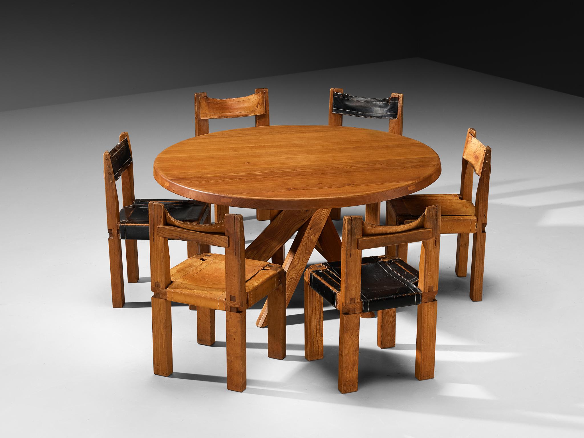 Pierre Chapo dining room set with 'T21D' table and set of six 'S11' dining chairs


Pierre Chapo, dining table, model 'T21D', solid elm, France, 1981

This table is one of the early editions designed by Pierre Chapo, known for his hallmark use of
