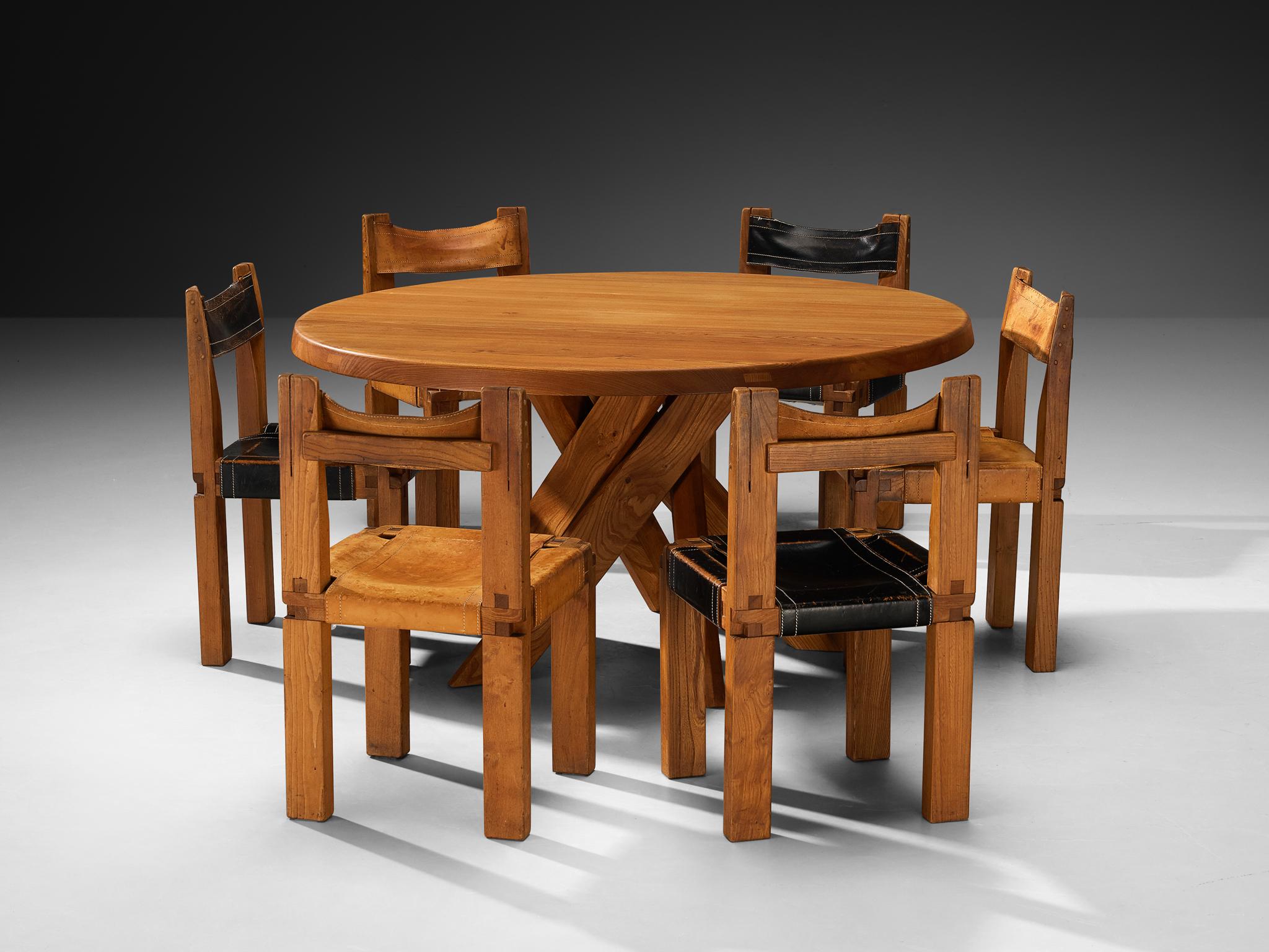 Early Pierre Chapo 'T21 D' Dining Table with 'S11' Dining Chairs in Solid Elm In Good Condition For Sale In Waalwijk, NL