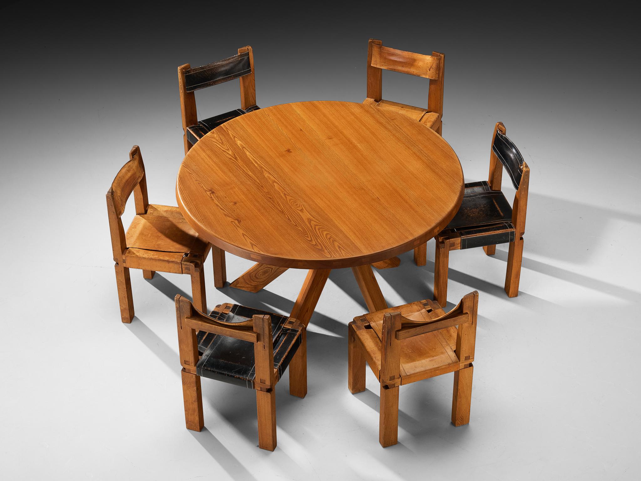 Late 20th Century Early Pierre Chapo 'T21 D' Dining Table with 'S11' Dining Chairs in Solid Elm For Sale