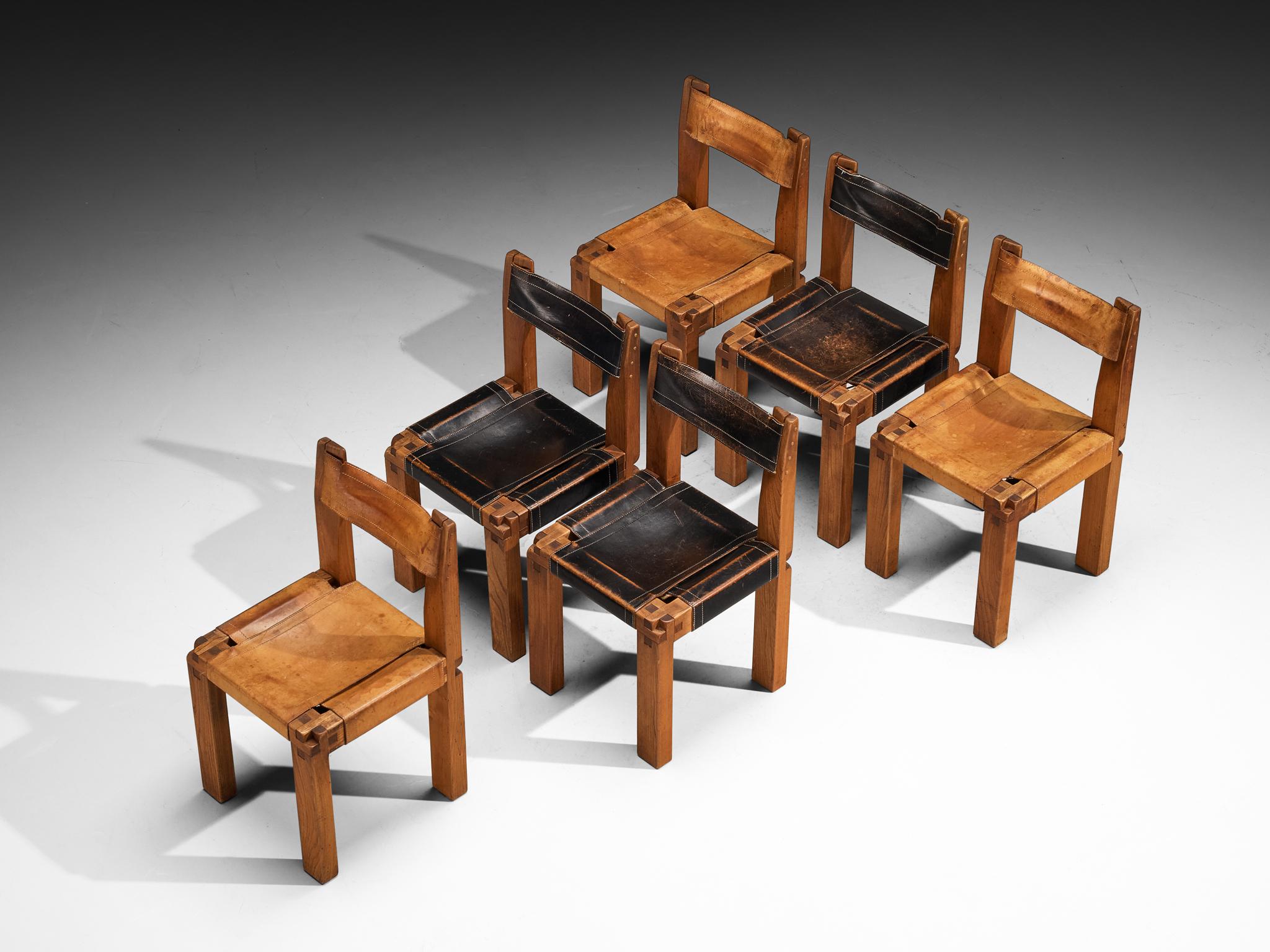 Leather Early Pierre Chapo 'T21 D' Dining Table with 'S11' Dining Chairs in Solid Elm For Sale