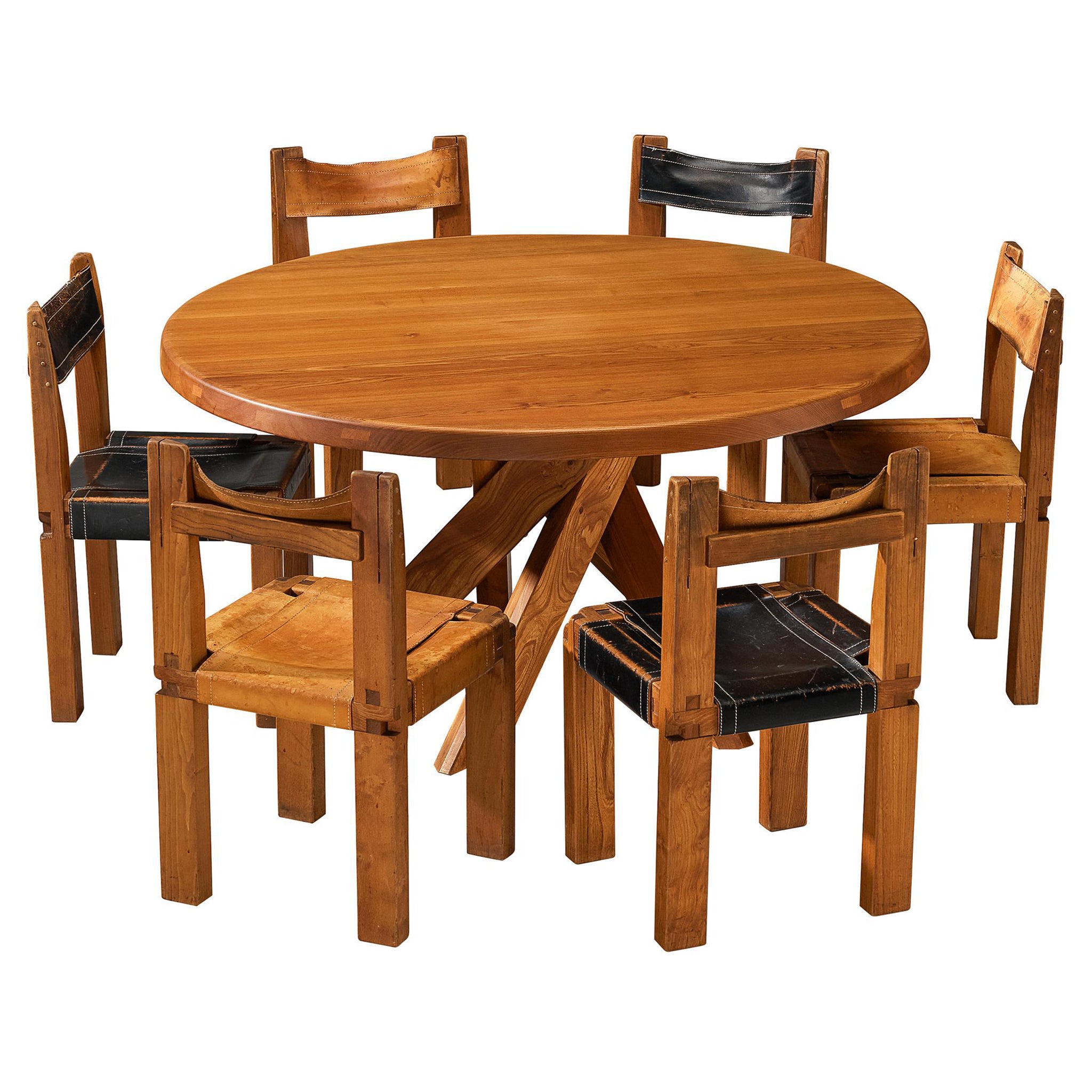 Early Pierre Chapo 'T21 D' Dining Table with 'S11' Dining Chairs in Solid Elm