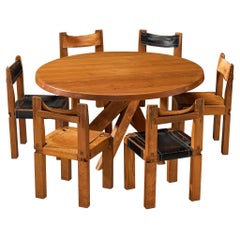 Early Pierre Chapo 'T21 D' Dining Table with 'S11' Dining Chairs in Solid Elm