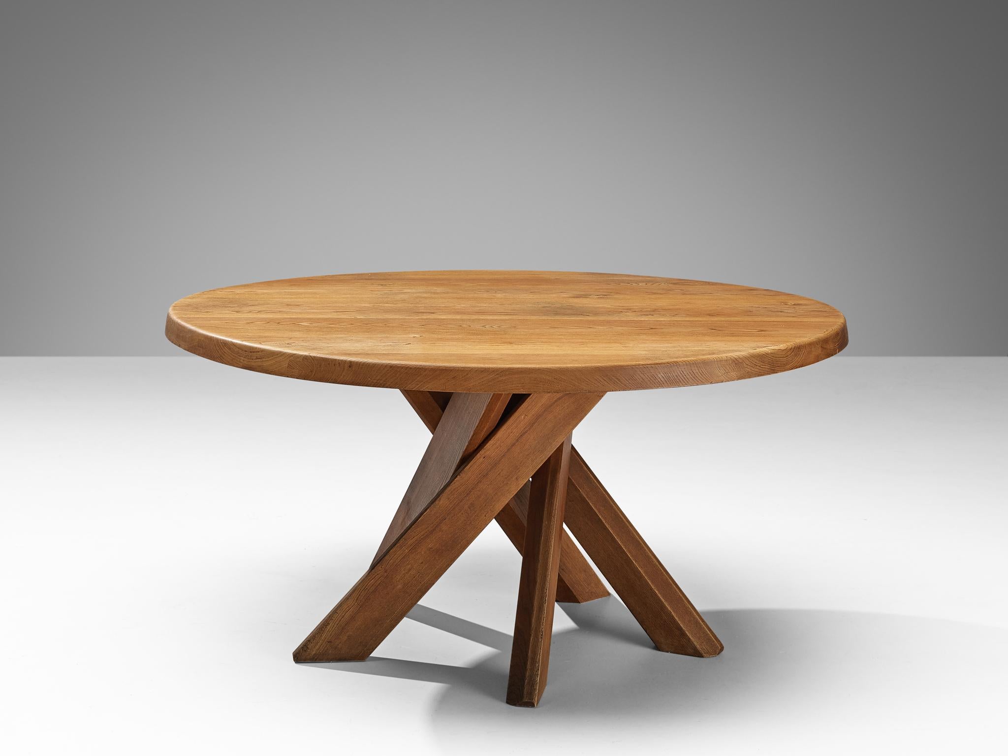 Pierre Chapo, dining table model 'T21D', elm, France, 1973.

This design is an early edition, created according to the original craft methodology of Pierre Chapo. This round 'T21D' dining table its top has a diameter of 140 cm (63 in). The shape
