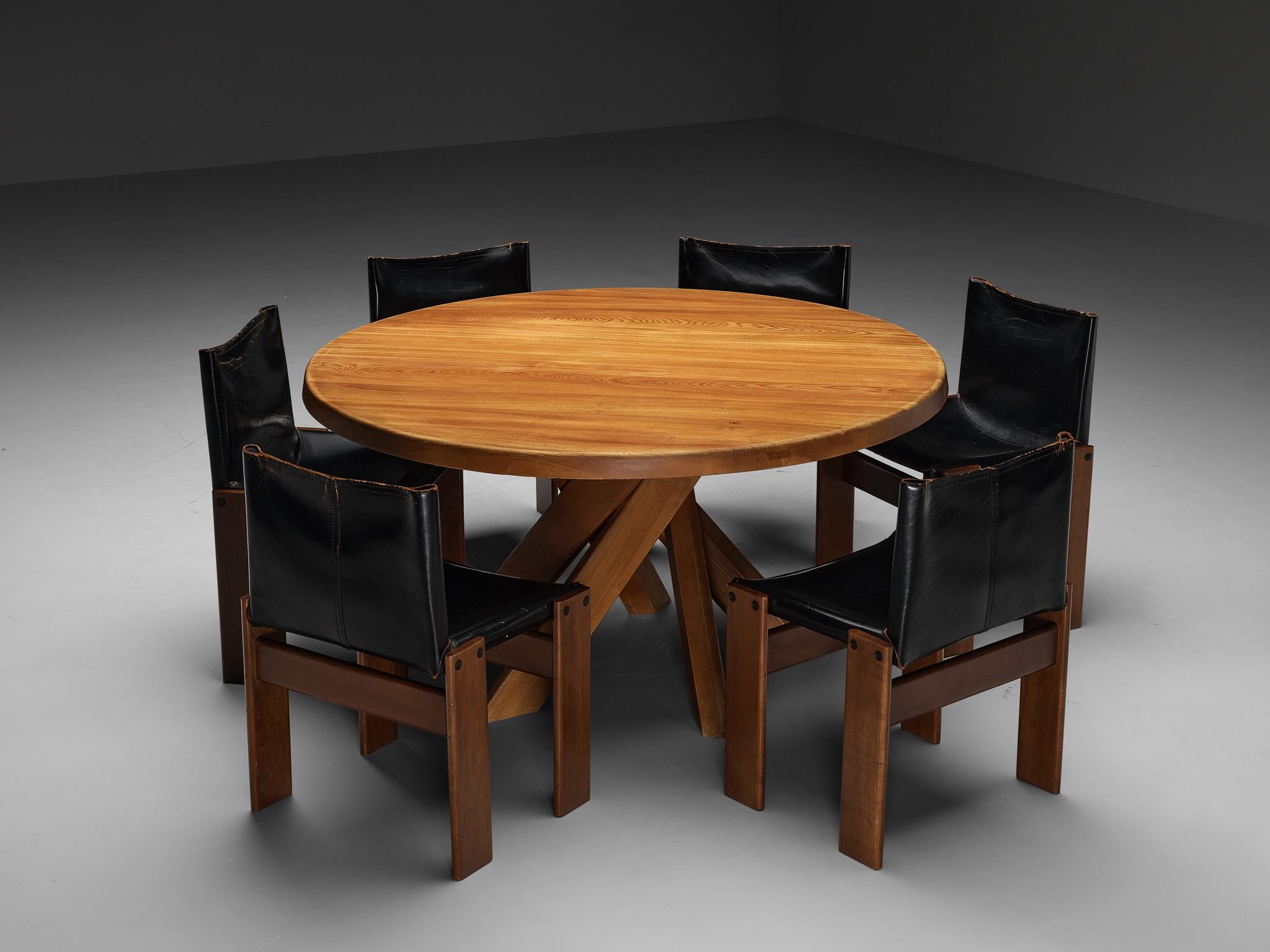 Early Pierre Chapo T21D Dining Table with Afra & Tobia Scarpa Monk Chairs 2
