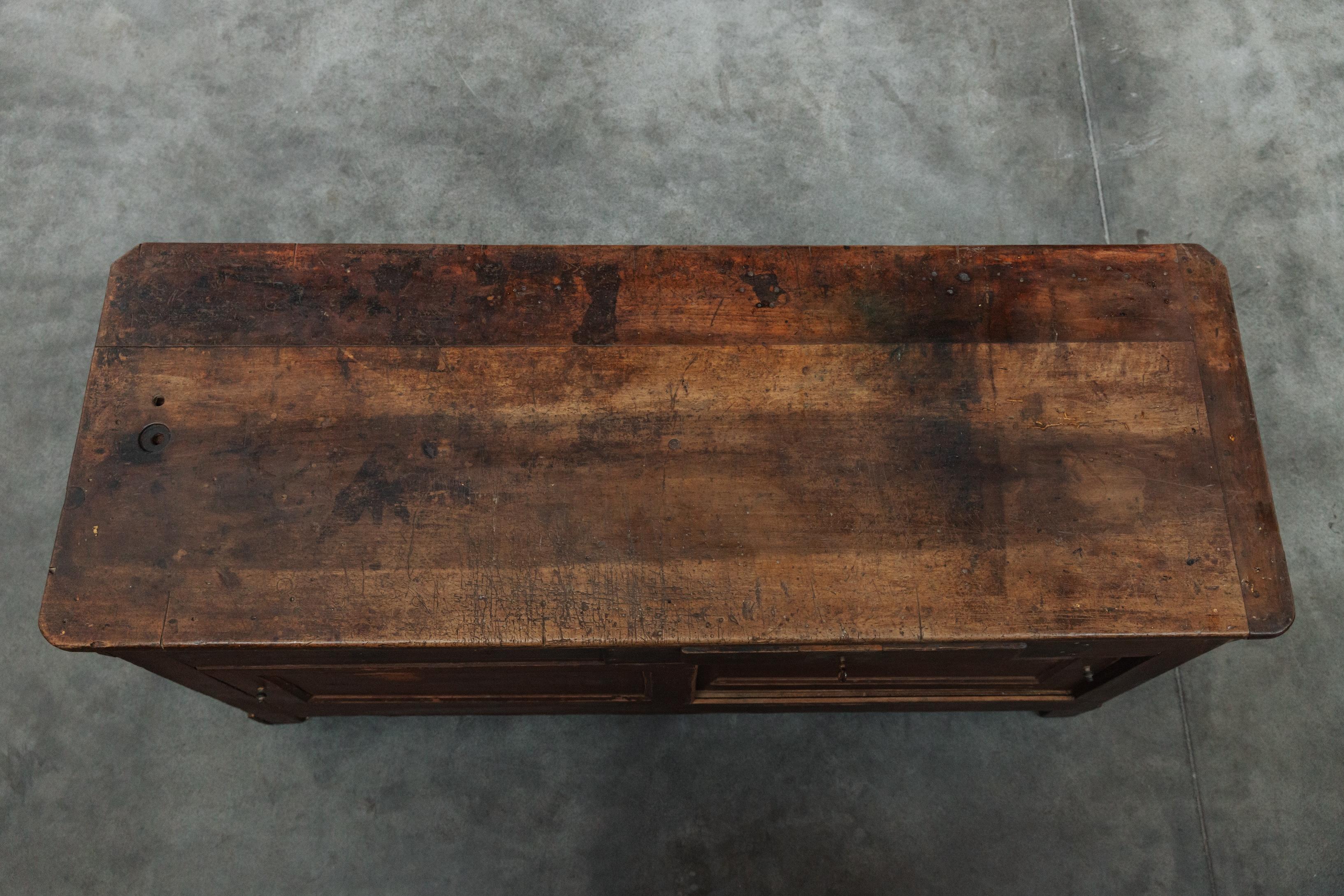 Early Pine Shop Counter From France, Circa 1900.  Superb model with original hand painted sign on front.  Solid pine construction with original hardware and patina.