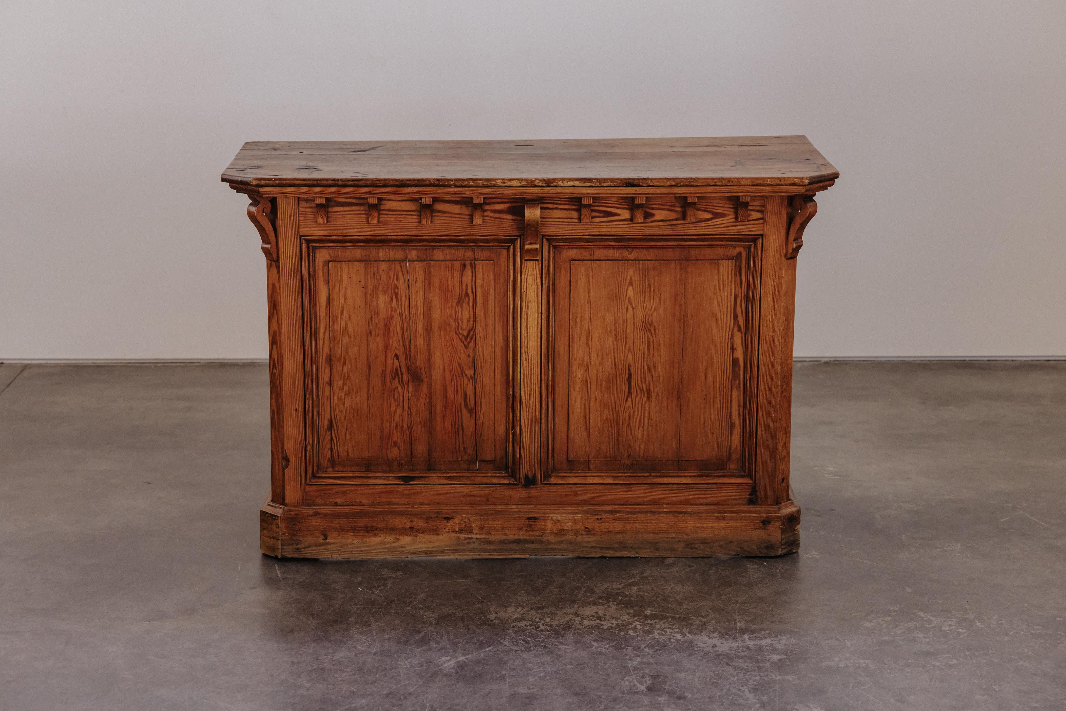 Early Pine Shop Counter From France, Circa 1920.  Nice and sturdy model with solid pine construction.  Great patina and use.