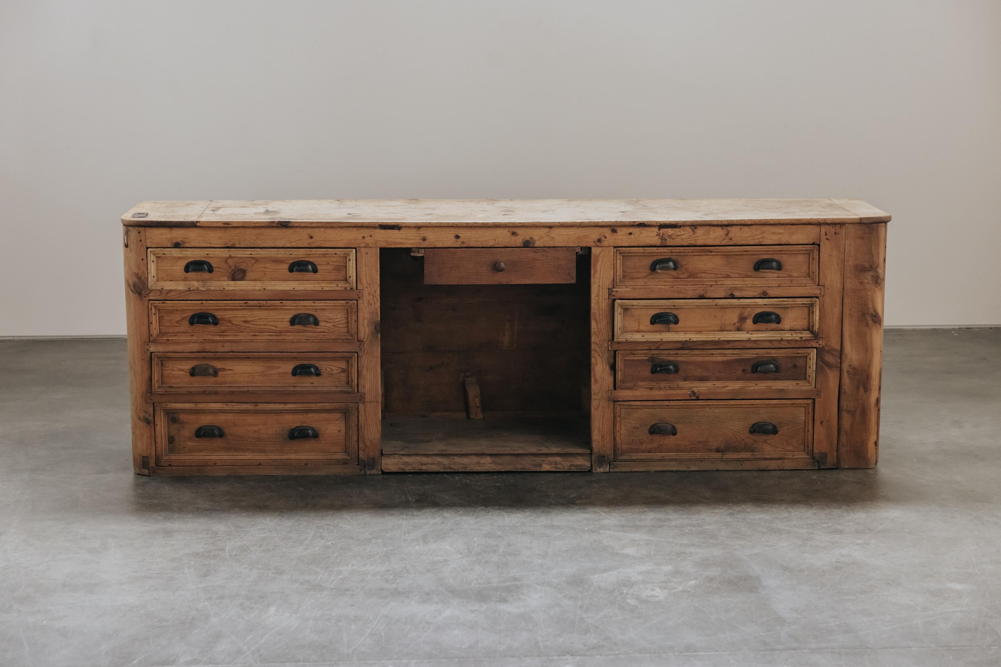 Early Pine Sideboard Counter From France, Circa 1880.  Solid pine construction with original hardware and paint.  Great patina and use.