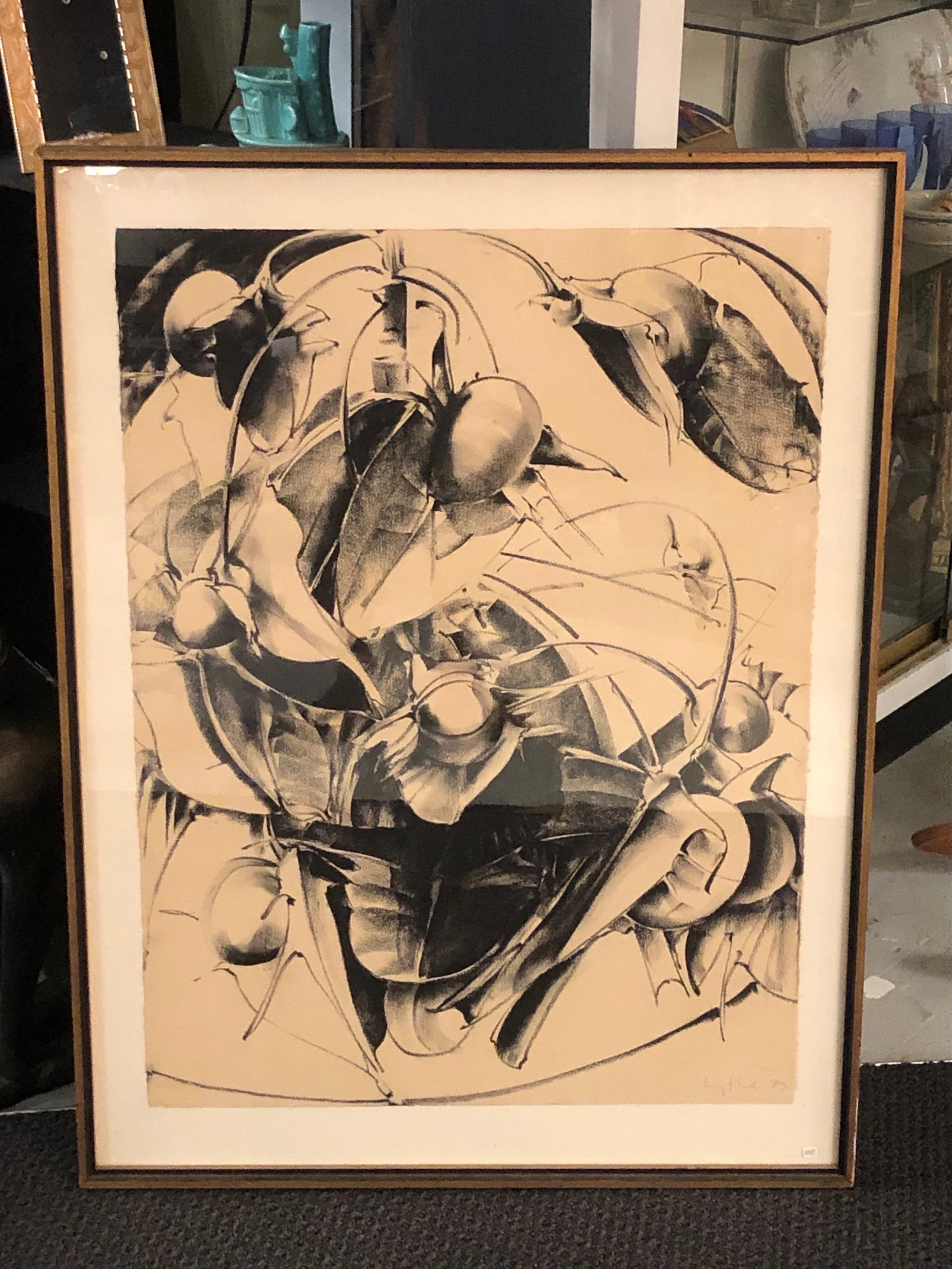 Early “Pod Series” Charcoal on Paper by Richard Lytle 1973 in Original Frame  For Sale 6