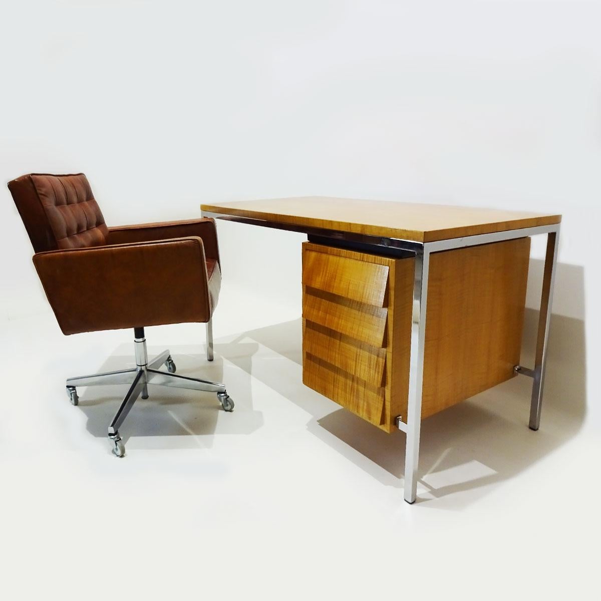 Early Polished Steel and Tiger Stripe Maple Desk Attributed to Florence Knoll 3