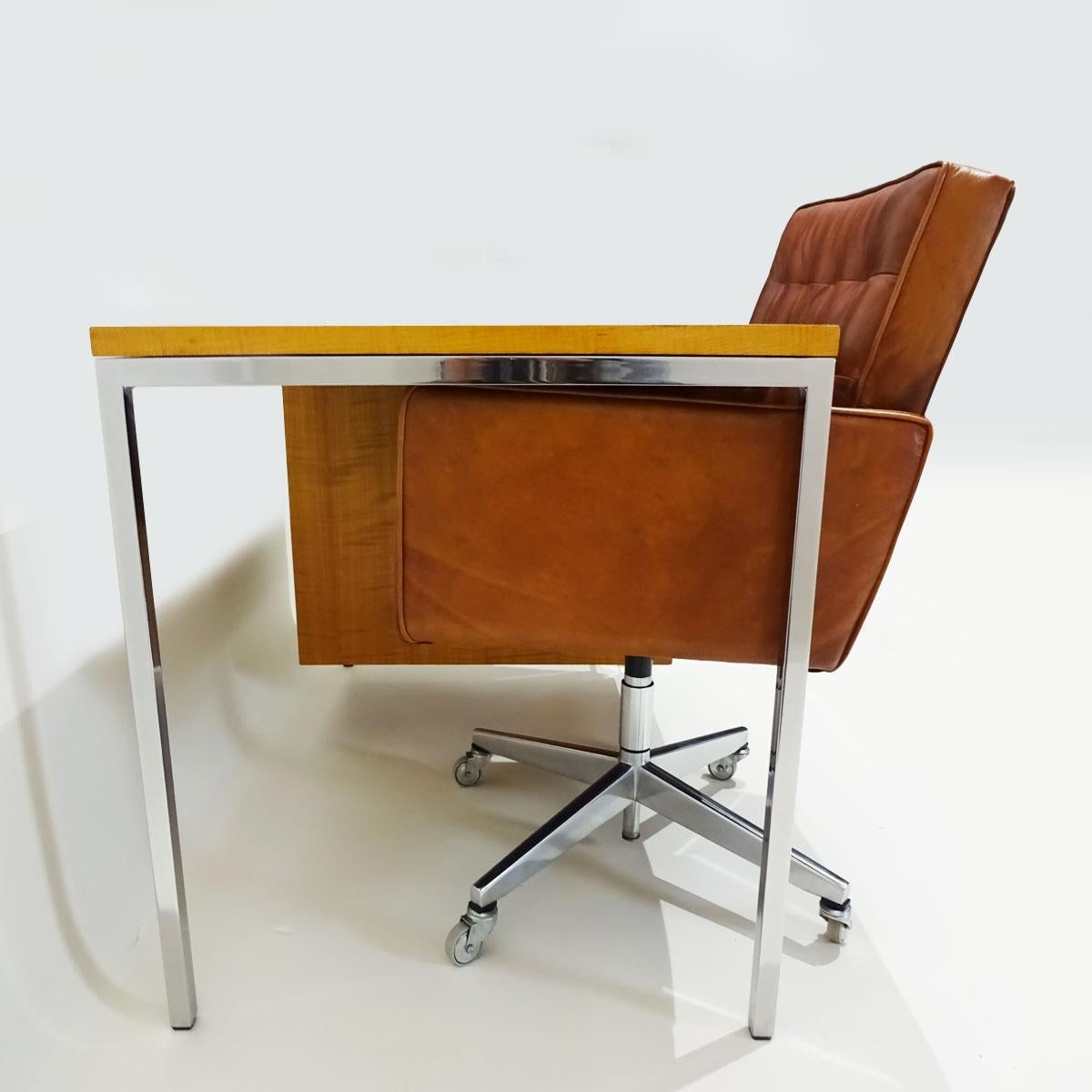 Early Polished Steel and Tiger Stripe Maple Desk Attributed to Florence Knoll 4