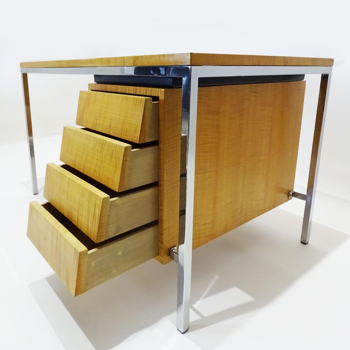 Mid-Century Modern Early Polished Steel and Tiger Stripe Maple Desk Attributed to Florence Knoll