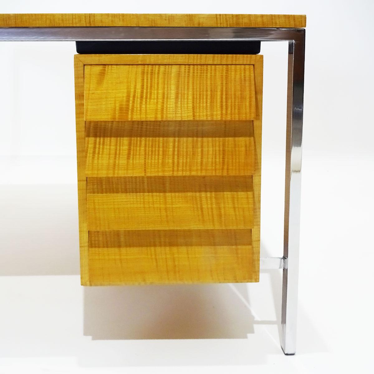 American Early Polished Steel and Tiger Stripe Maple Desk Attributed to Florence Knoll