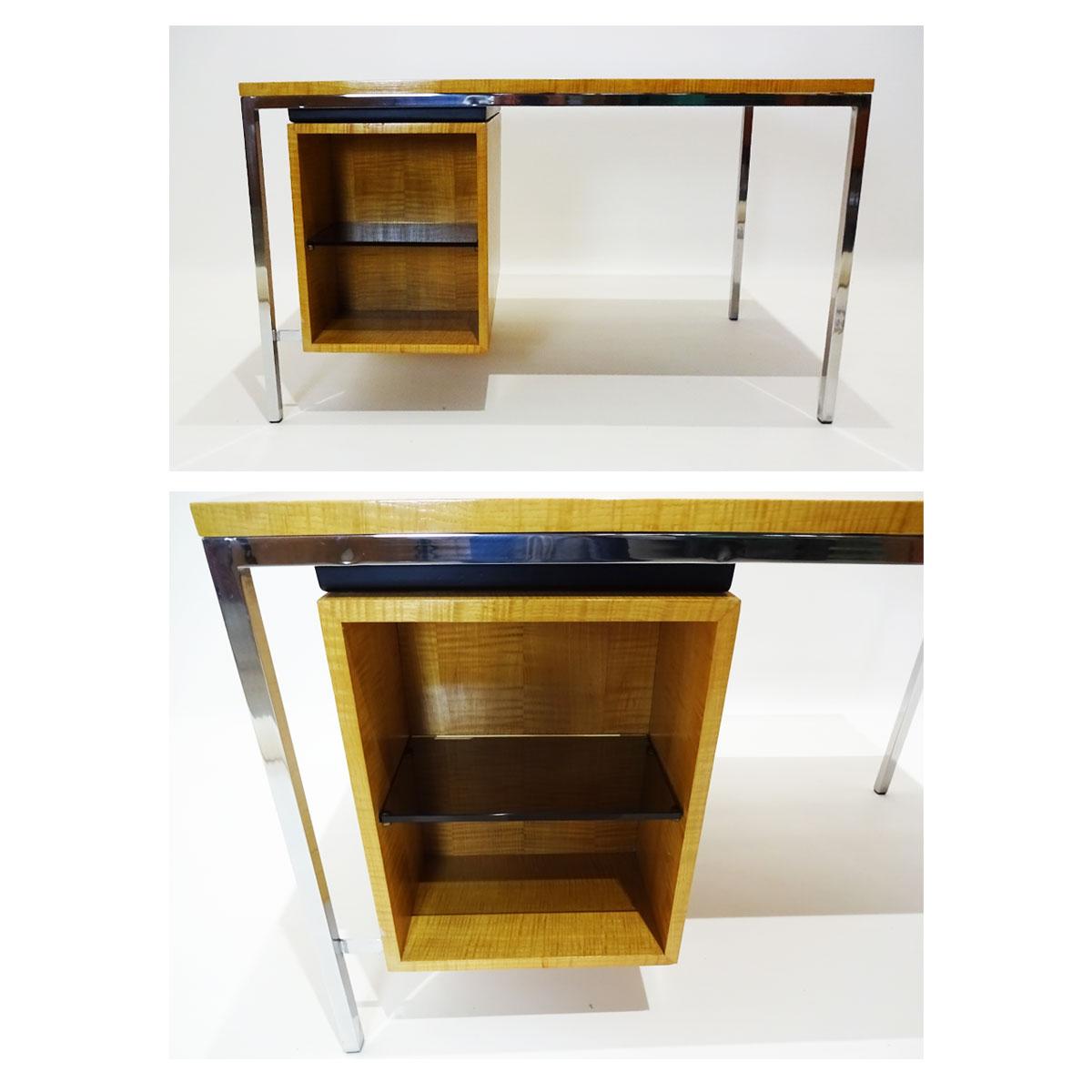 Mid-20th Century Early Polished Steel and Tiger Stripe Maple Desk Attributed to Florence Knoll