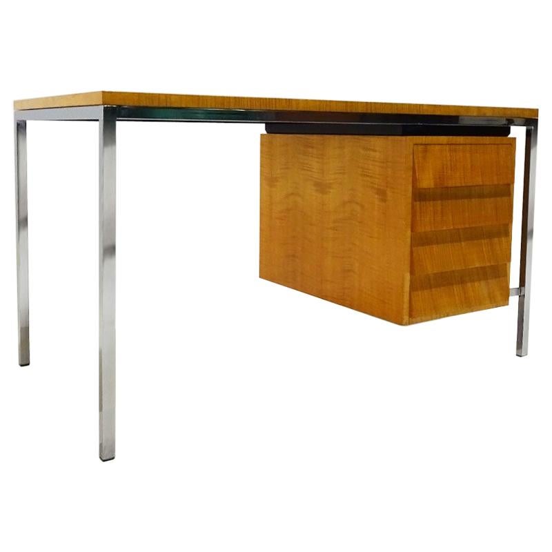 Early Polished Steel and Tiger Stripe Maple Desk Attributed to Florence Knoll