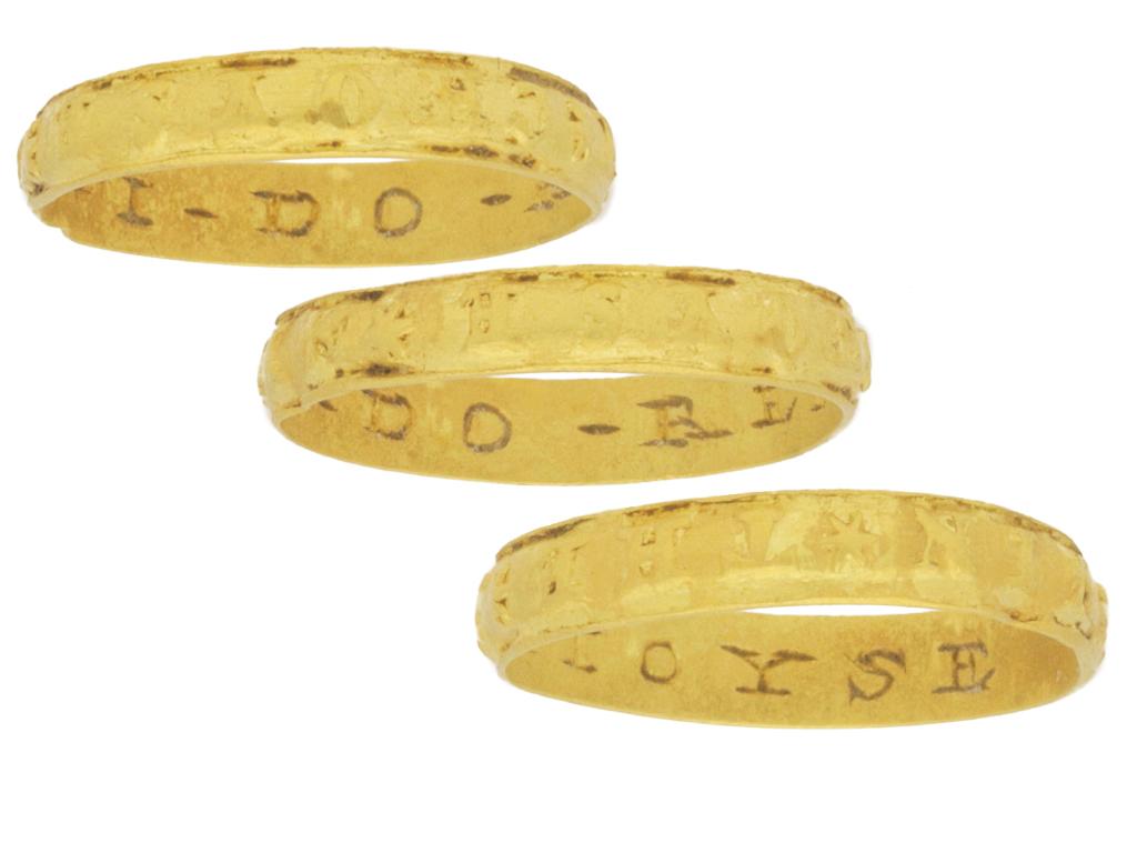 Early posy ring 'In the my choyse I do reioyse'. A smoothly conforming D-shape band, inscribed in relief to the exterior in seriffed capitals ' + IN * THE * MY * CHOYSE *', the interior engraved and enamelled '+ I - DO - REIOYSE', approximately 3mm