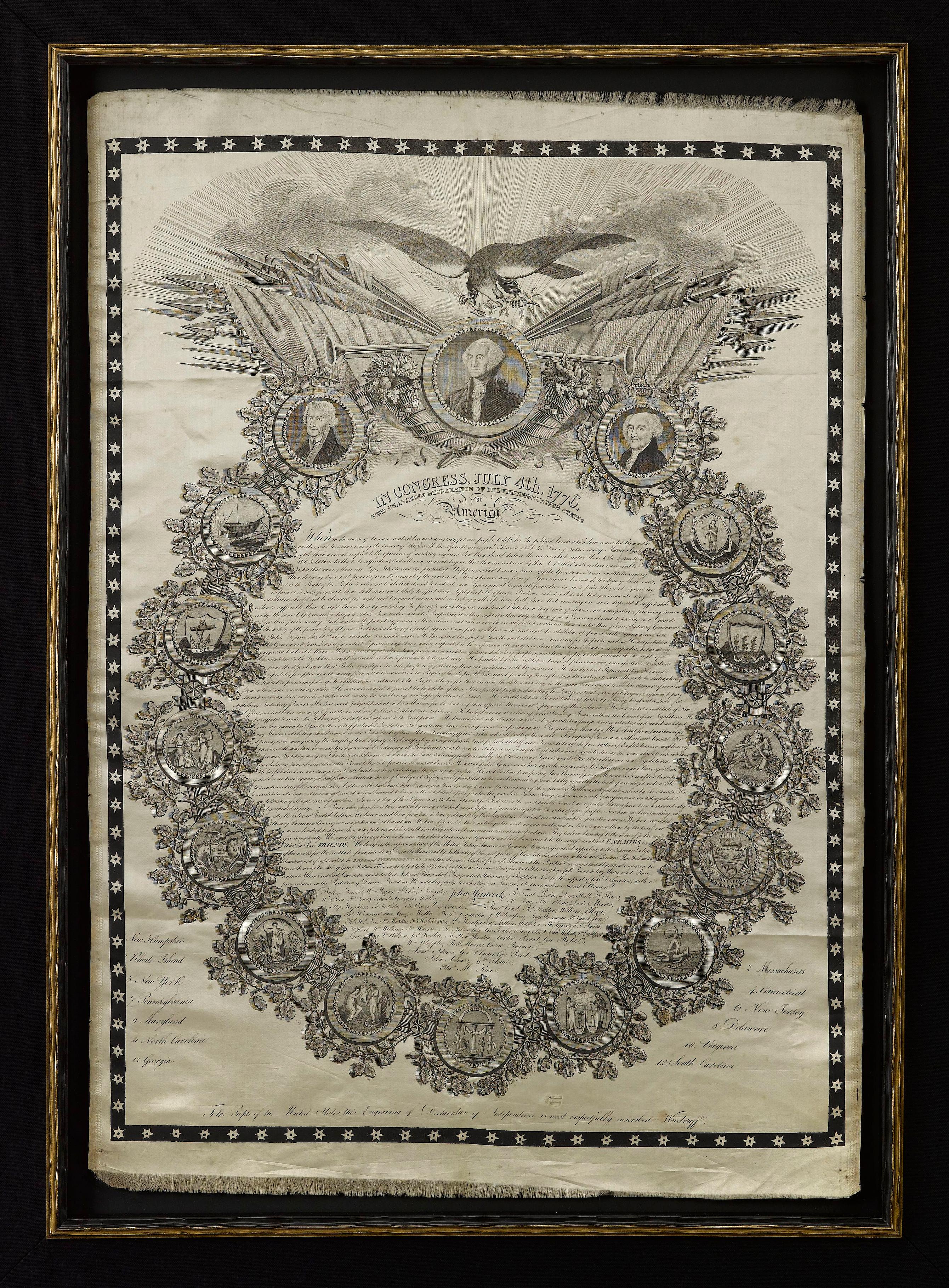 Federal Early Printing of the Declaration of Independence on Silk, 1820