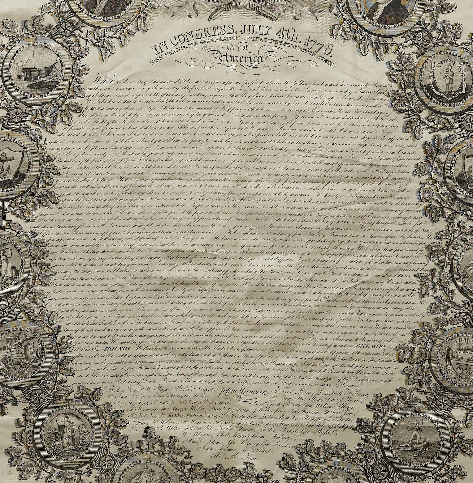 Early 19th Century Early Printing of the Declaration of Independence on Silk, 1820