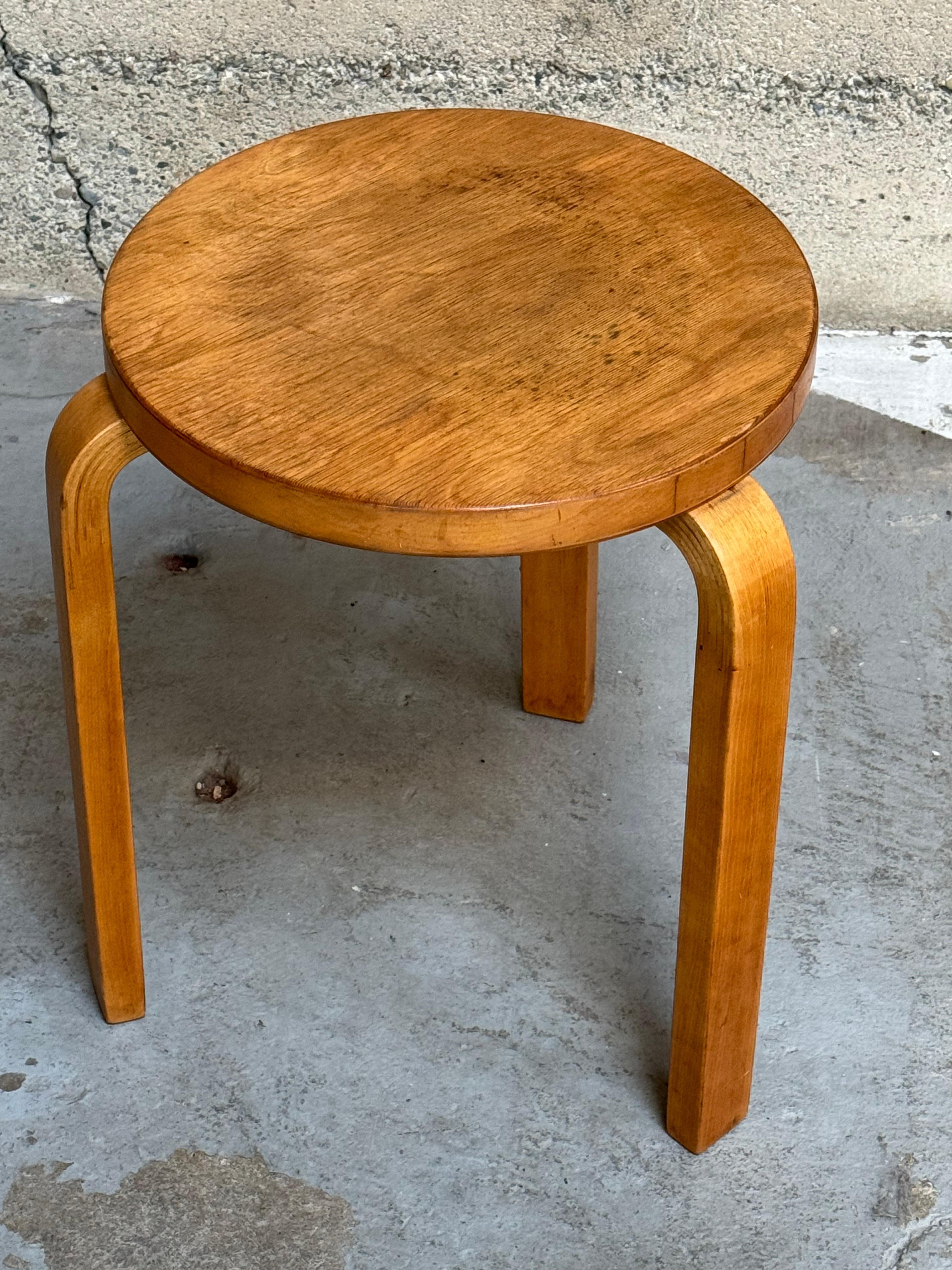 Swedish production Finsven late 1940s Alvar Aalto stool, a pre Artek production piece. The stool has developed a patina over the years which adds to its character.