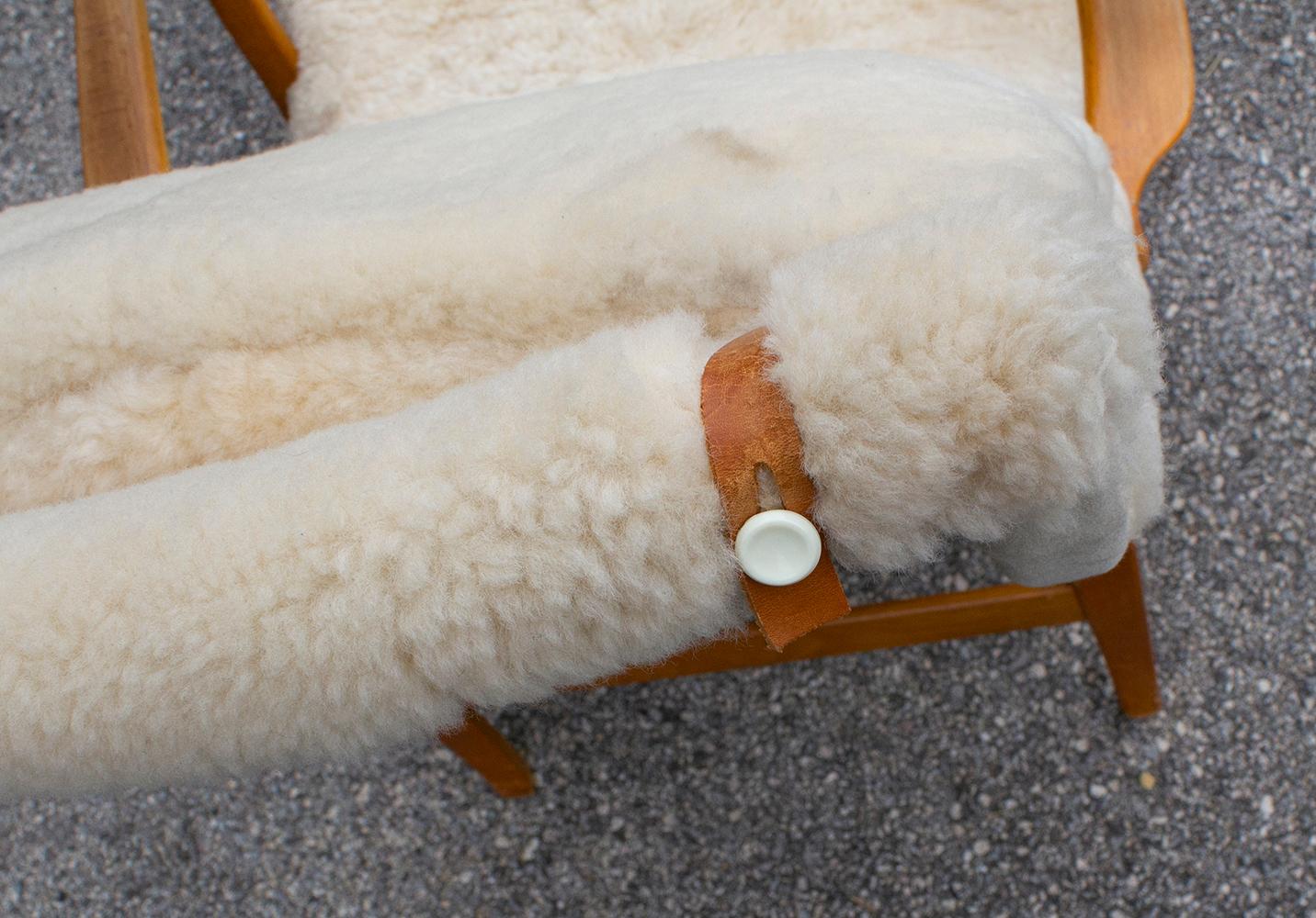 Early Production Bruno Mathsson Pernilla Lounge Chair and Ottoman in Sheepskin 2
