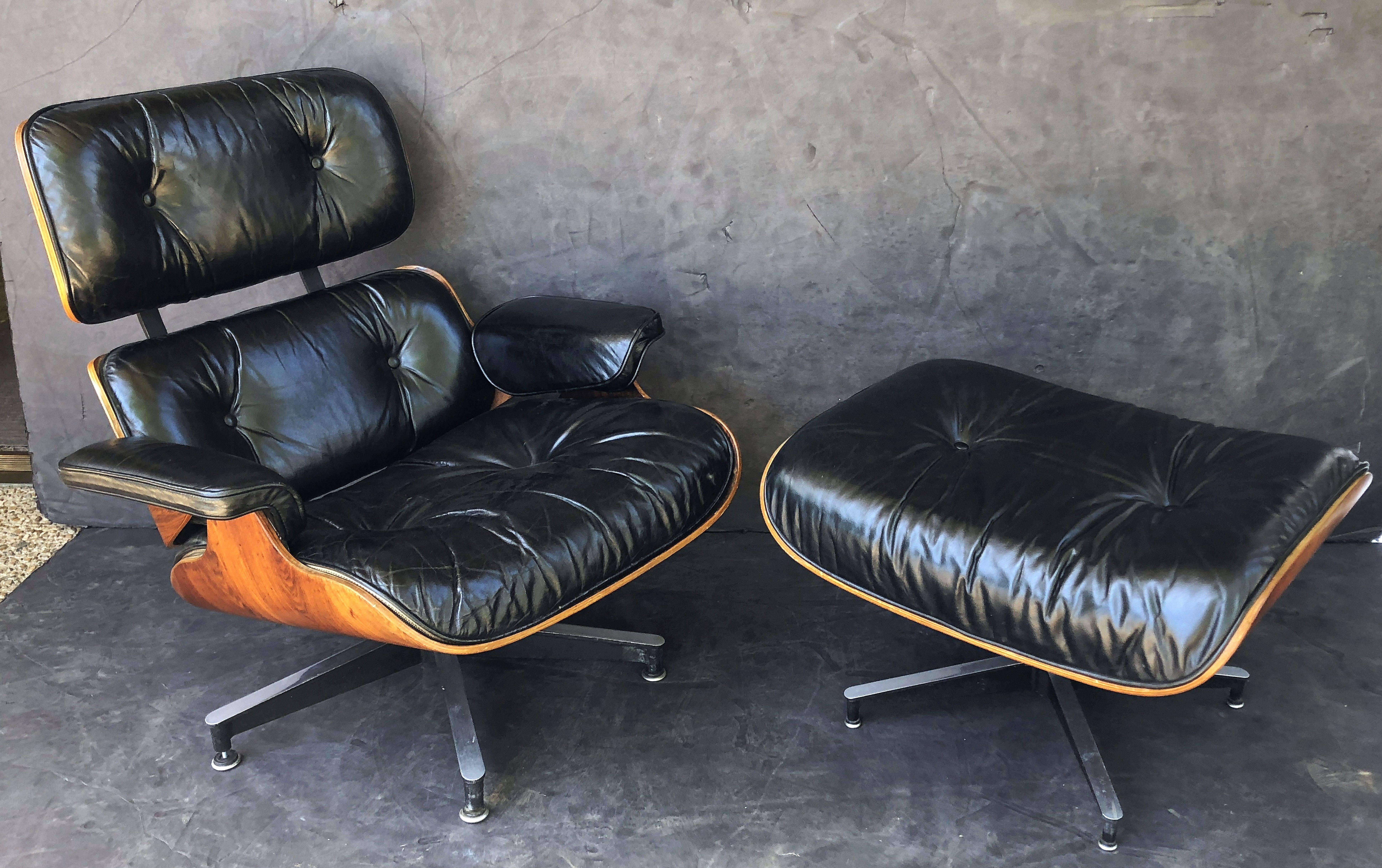 Metal Early Production Charles and Ray Eames Rosewood Lounge Chair with Ottoman