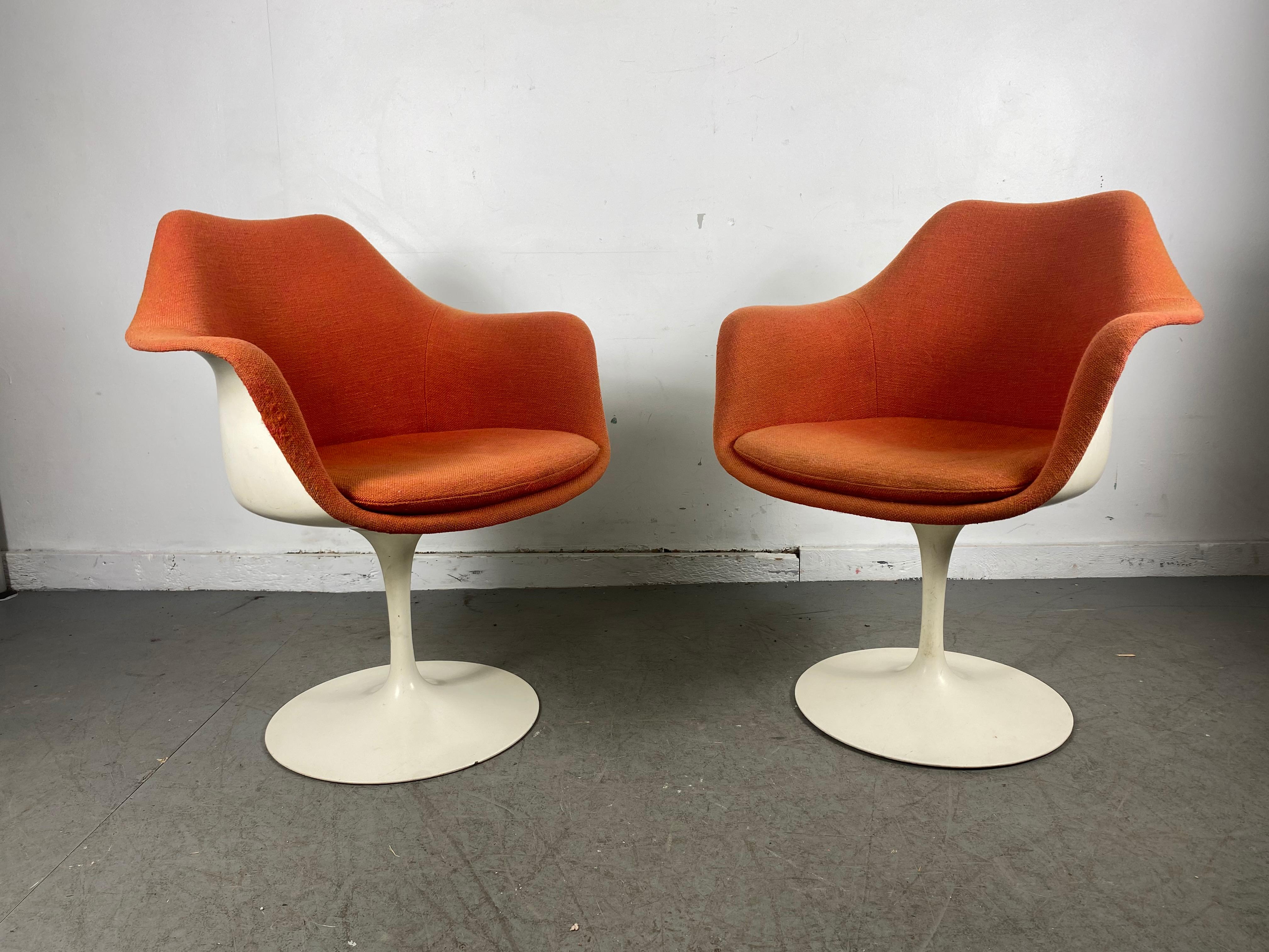 Early Production Eero Saarinen for Knoll Upholstered Tulip Arm Chairs In Good Condition In Buffalo, NY