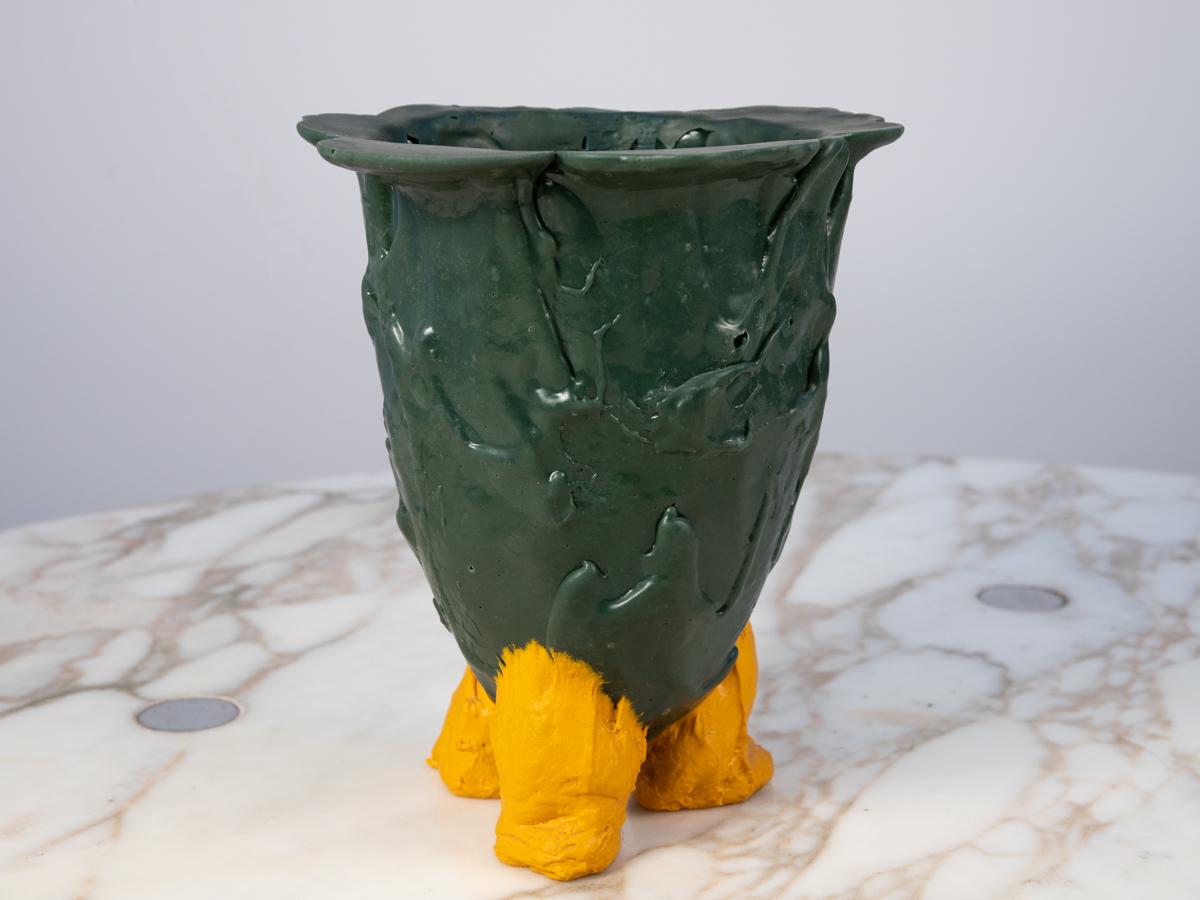 First edition Amazonia Vase, designed by Gaetano Pesce for Fish Design. Exuberant form with an anthropomorphic quality. Molded in the designer's signature polychrome soft resin material in bright yellow and forest green. Early production from the