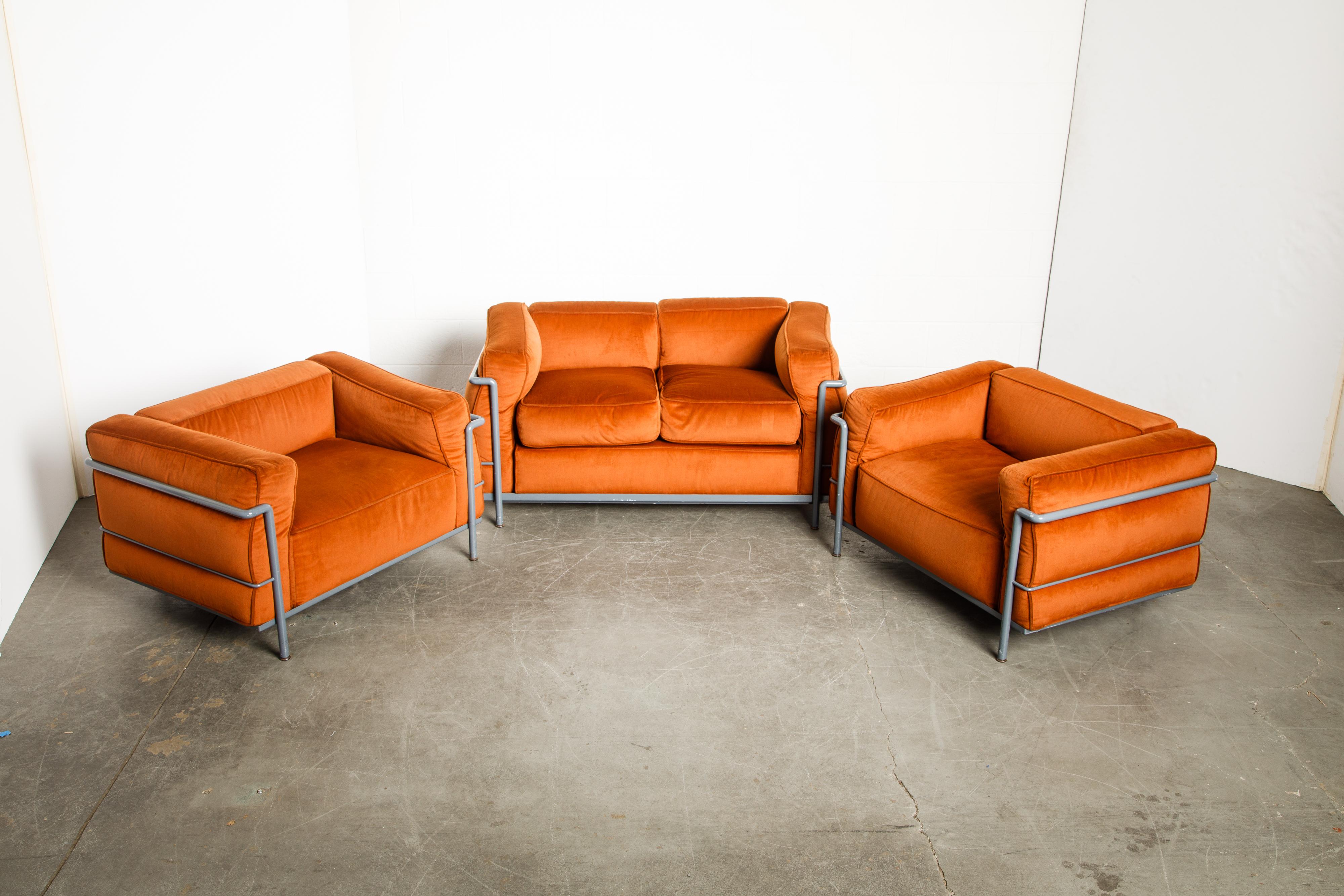 If you want the most comfortable and sizable club chair and sofa to sink your heinie into, this grouping of three Le Corbusier for Cassina (signed) LC2 and LC3's is the living room set for you (and of course, your heinie). Large and in-charge, the