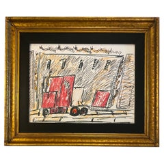 Early Purvis Young Drawing, Urban Truck Scene, Mixed Media on Paper, Framed