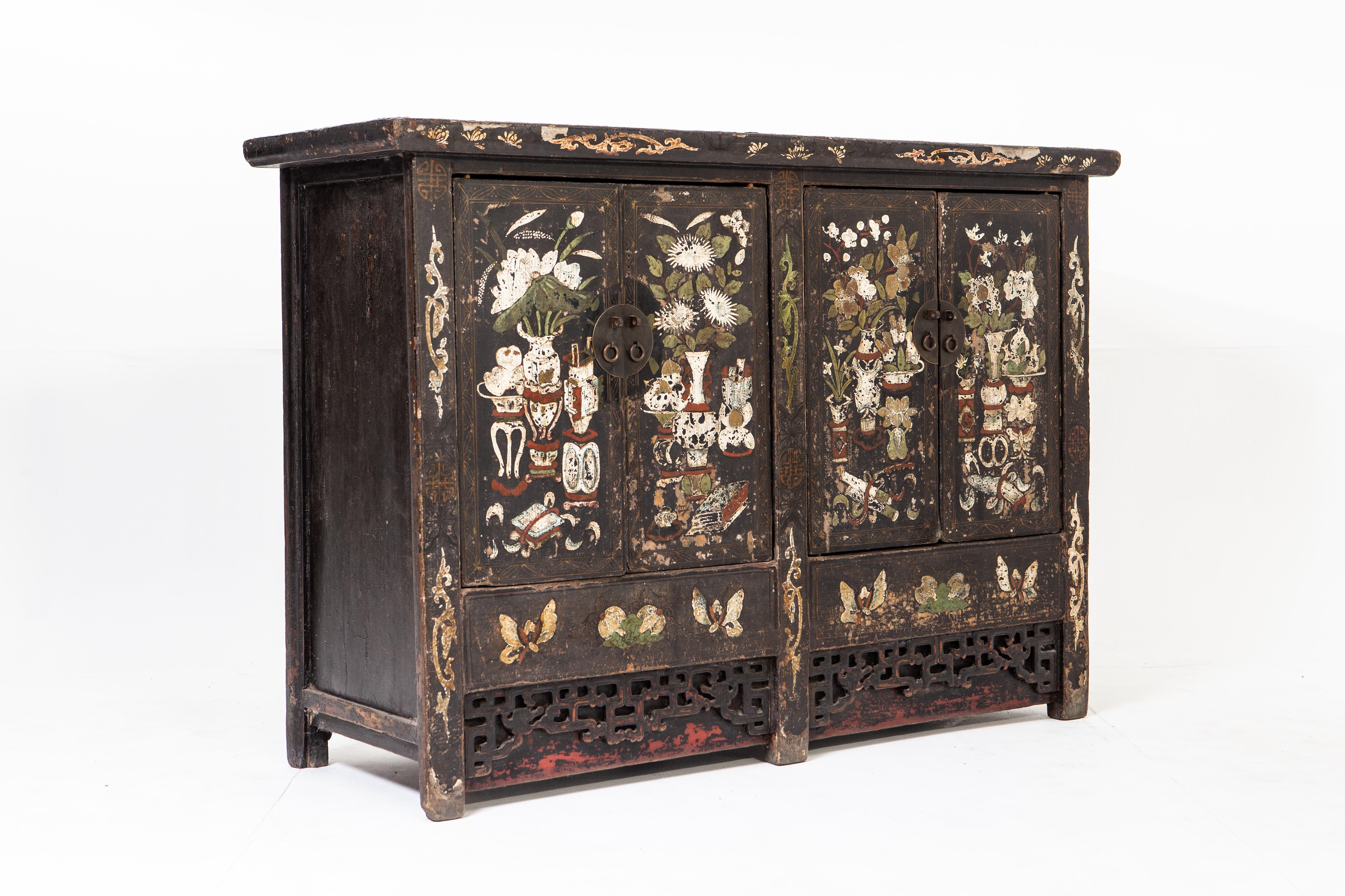 Chinese Early Qing Dynasty Painted Cabinet with Two Pairs of Doors