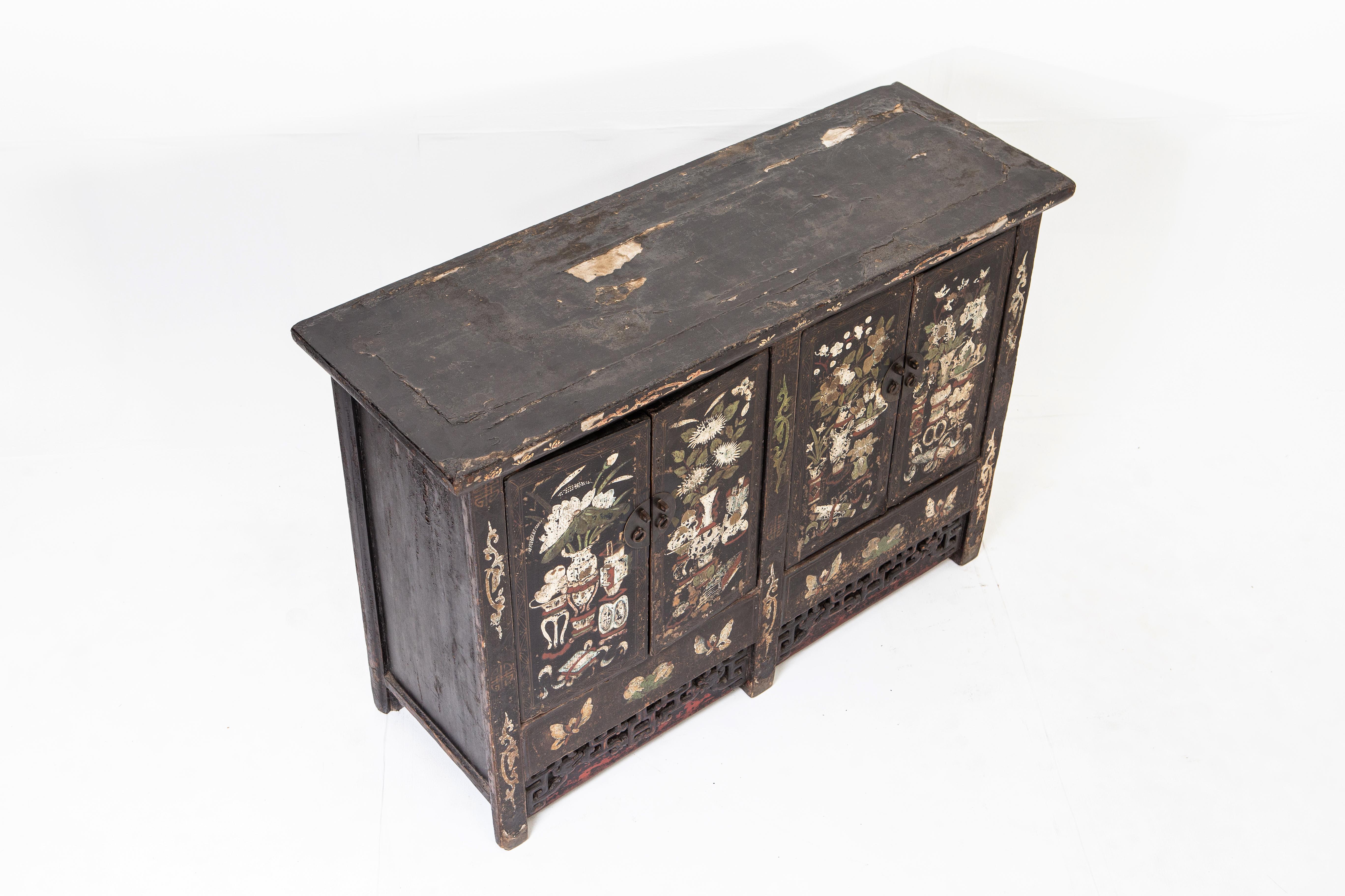 18th Century and Earlier Early Qing Dynasty Painted Cabinet with Two Pairs of Doors