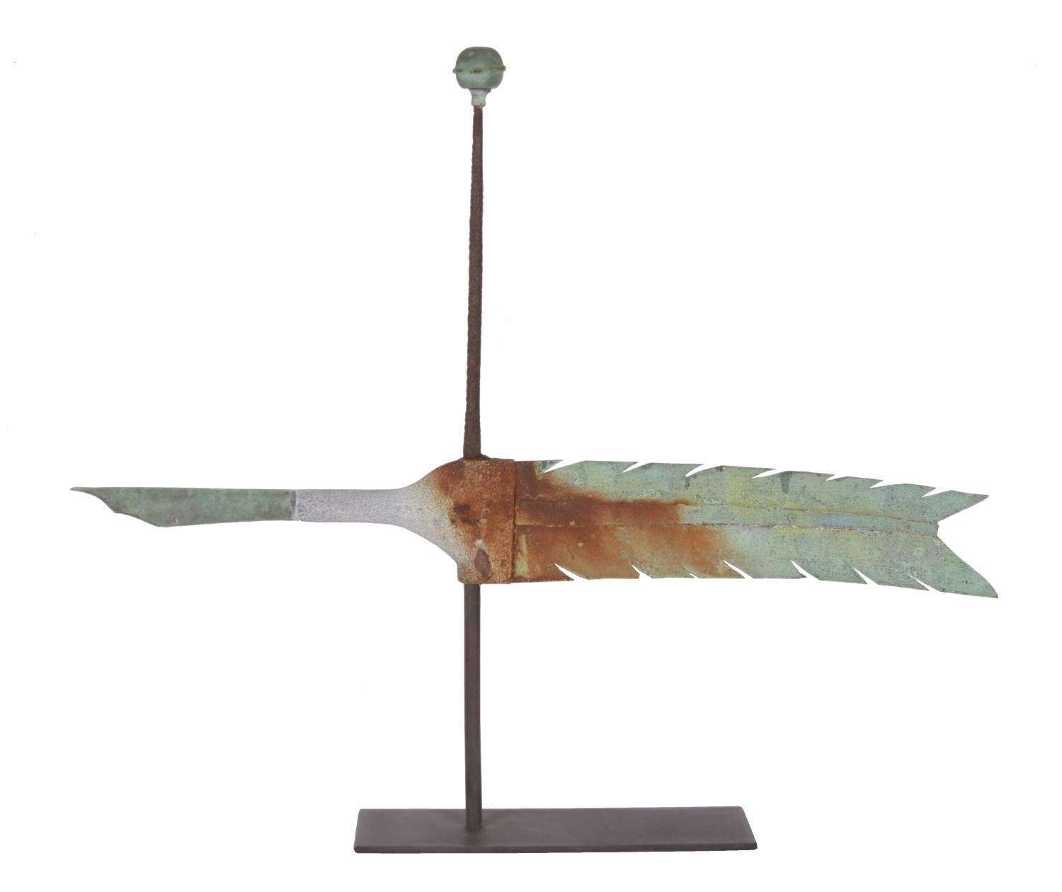Quill weathervanes of the late 19th century are fairly standard from maker-to-maker. Most are sheet copper, with a rippled surface to resemble a feather, and a hollow shaft and tip, sometimes weighted. This example is both earlier and better looking