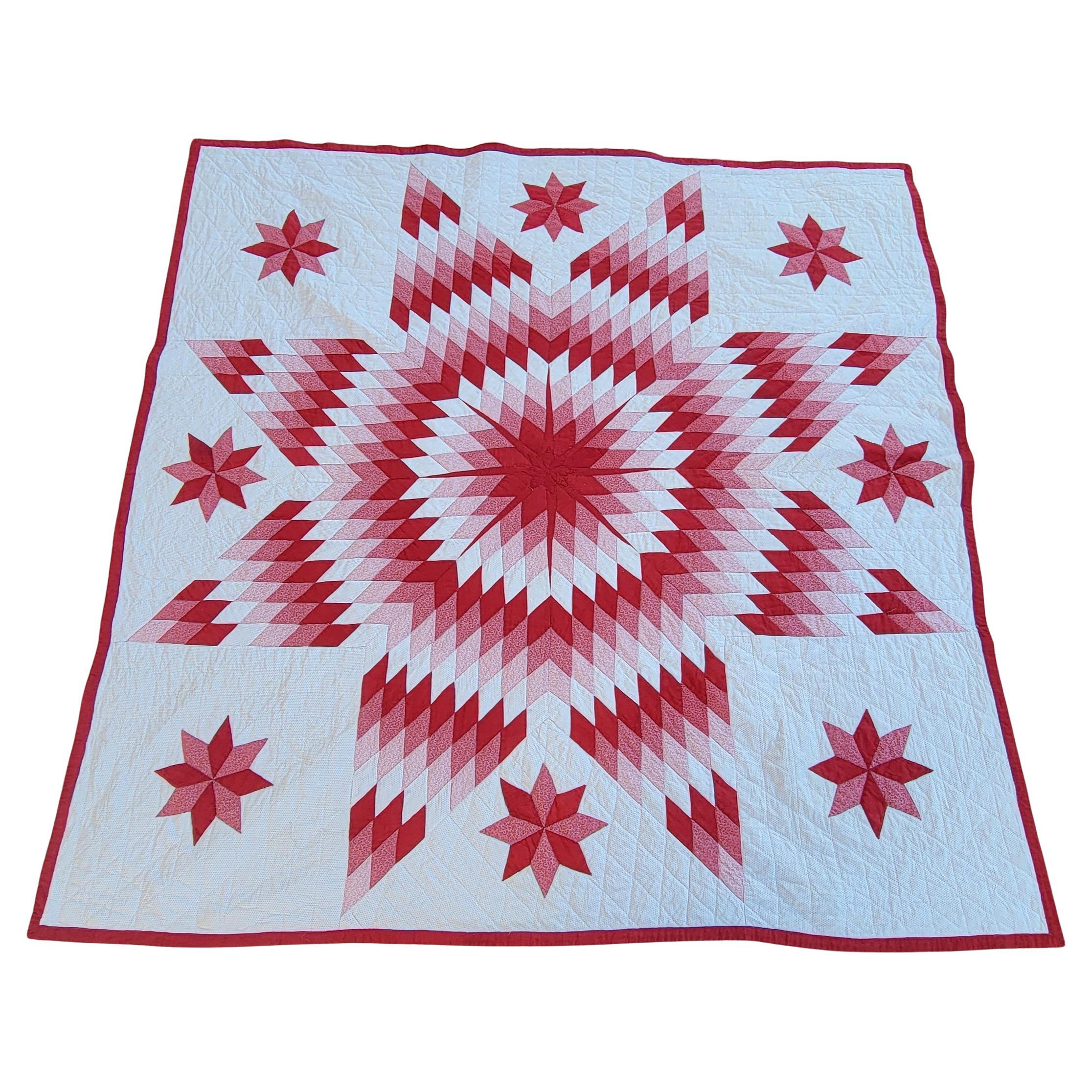 Early R/W PA Eight Point Star Quilt W/Center Mariners Compass 
Floating Stars