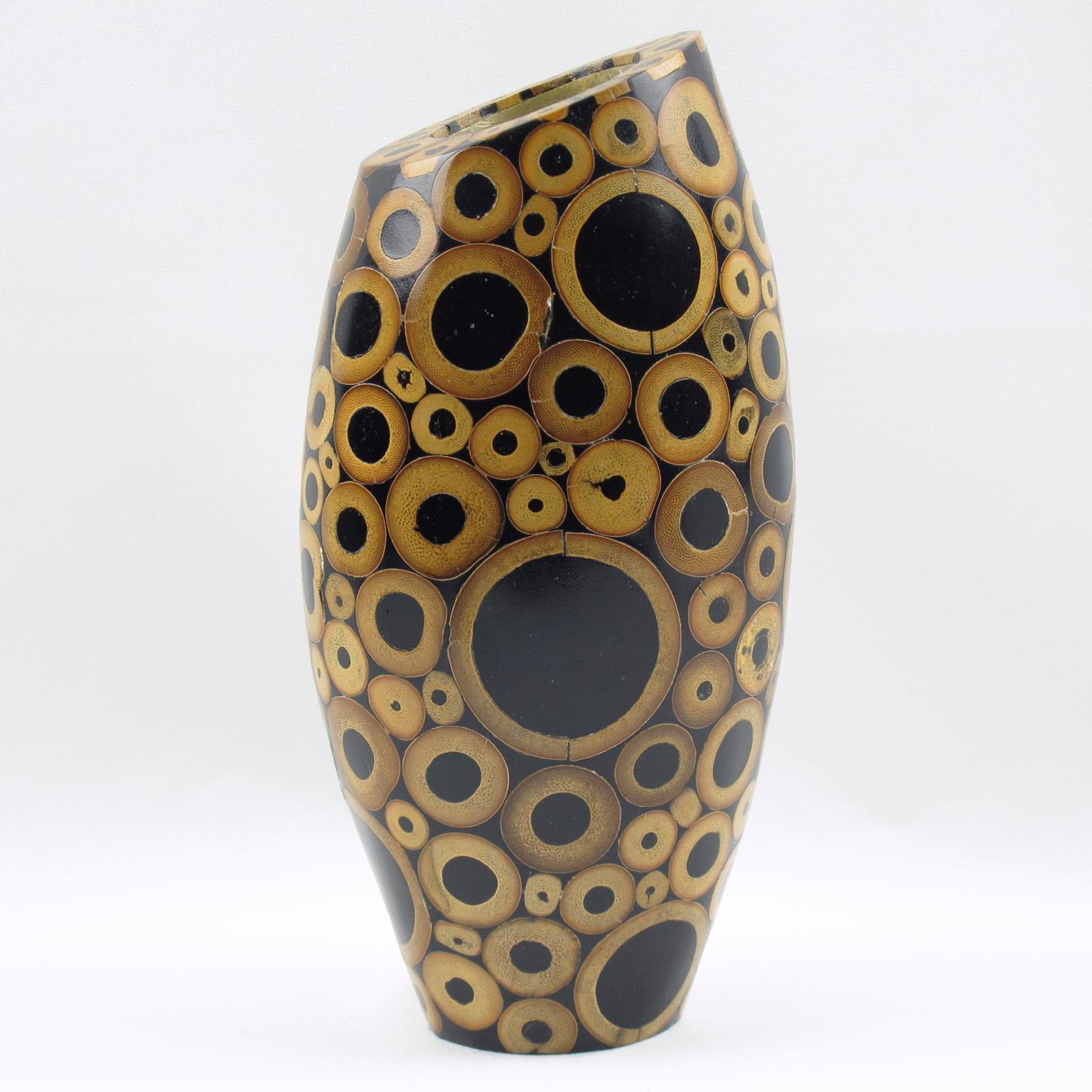 Lovely curved sculptural vase with wood and bamboo inlaid marquetry designed and produced by famed decorative arts design firm Ria & Youri Augousti, Paris. An early piece from the 1990s. Marked underside: 