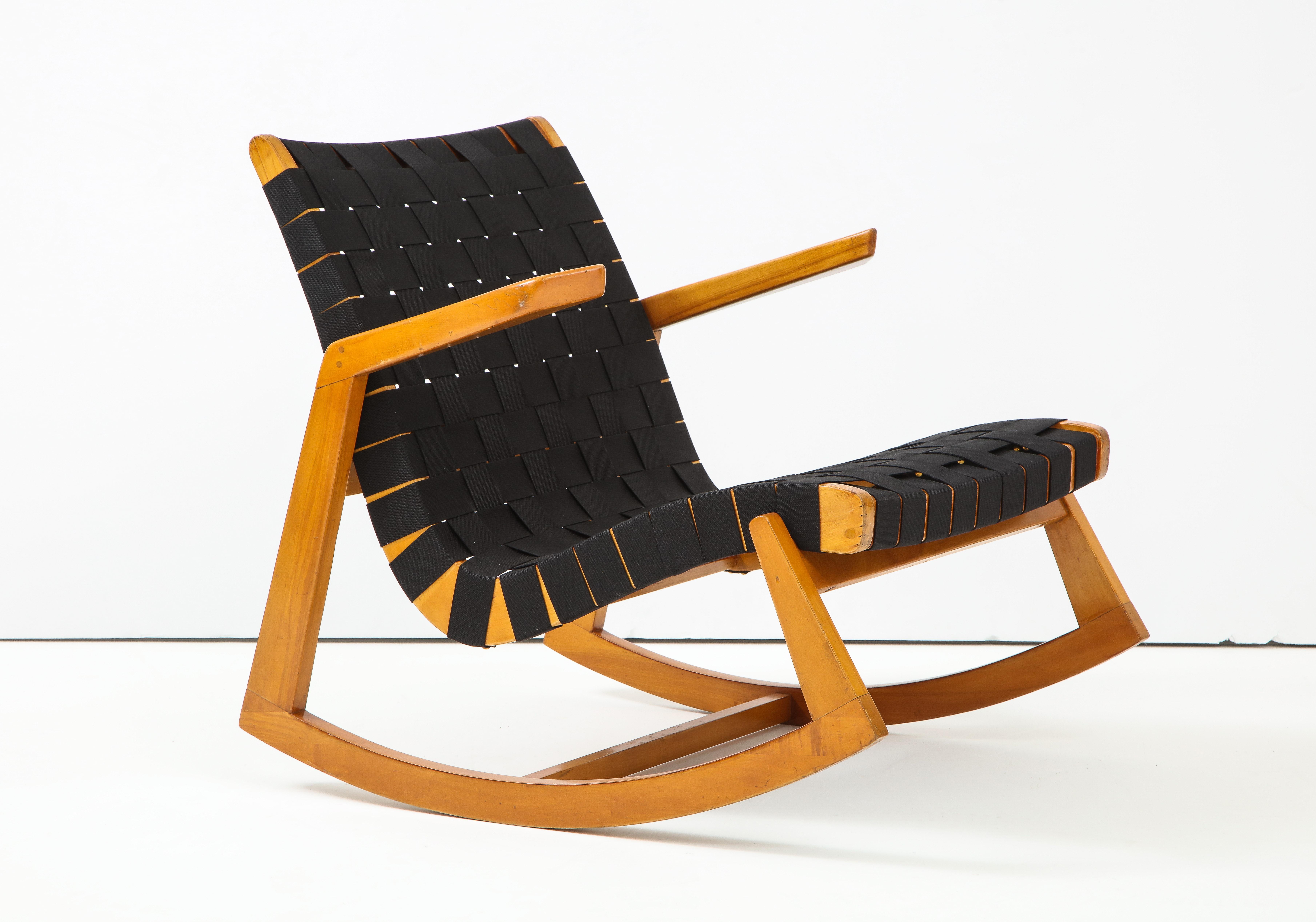 Rocker designed by Minneapolis-based architect Ralph Rapson. Part of a line of chairs designed for Knoll and produced for a short time just after WWII. Rapson was a student at Cranbrook and contemporary of Charles Eames, Florence Schust (Knoll) and