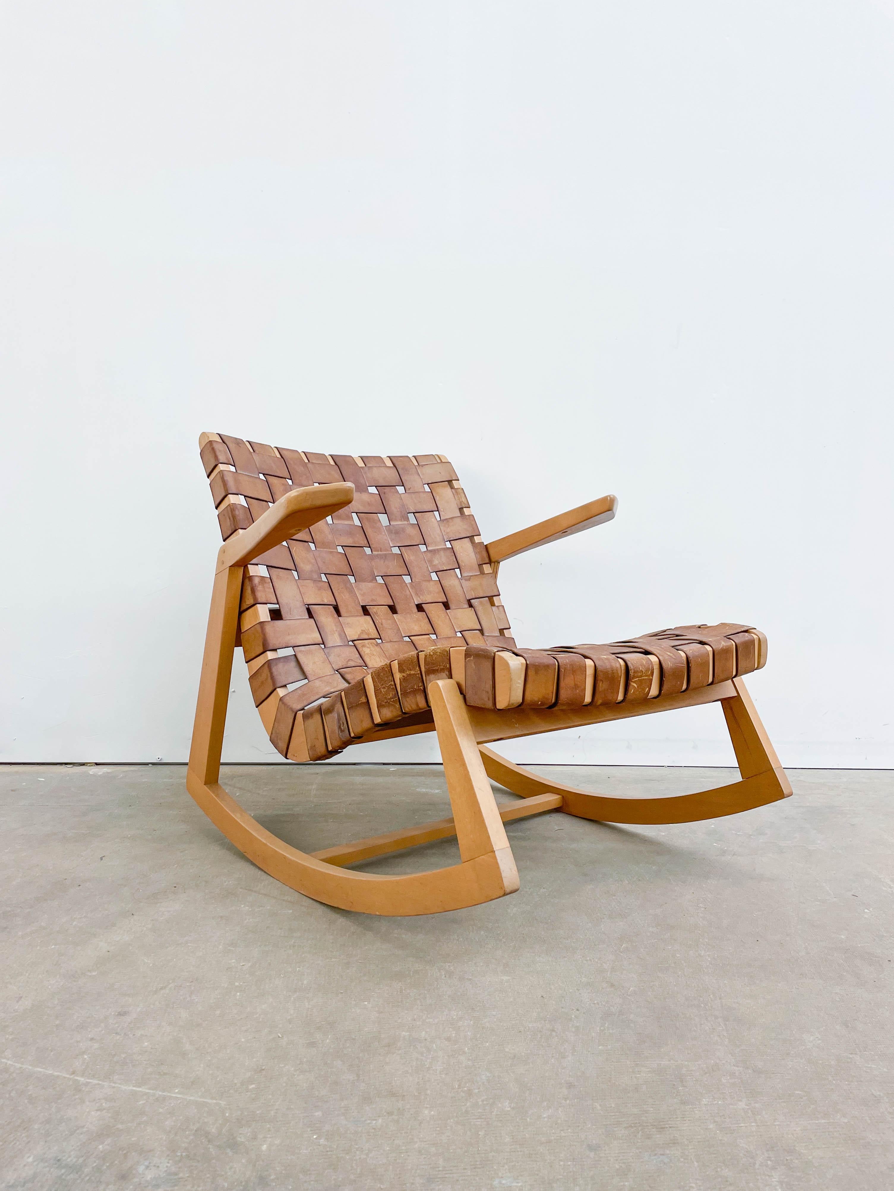 Birch Early Ralph Rapson Rocker with Leather Webbing For Sale