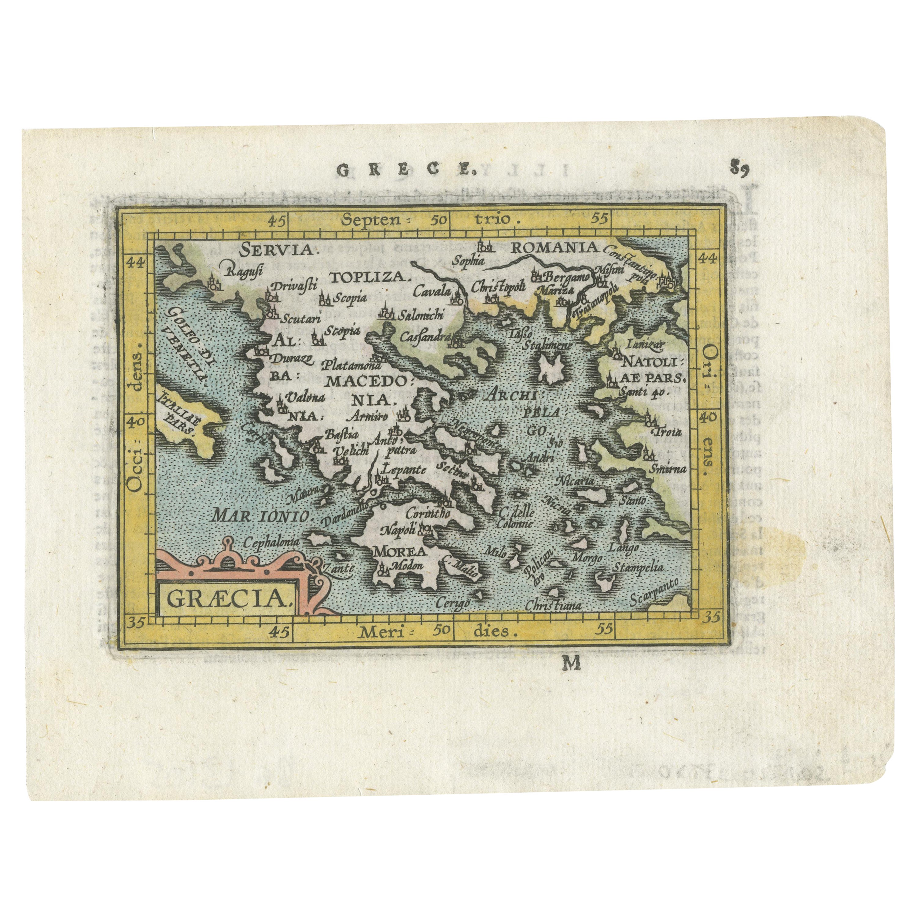 Antiguo, raro y pequeño grabado en cobre coloreado a mano de Grecia, ca. 1602 en venta