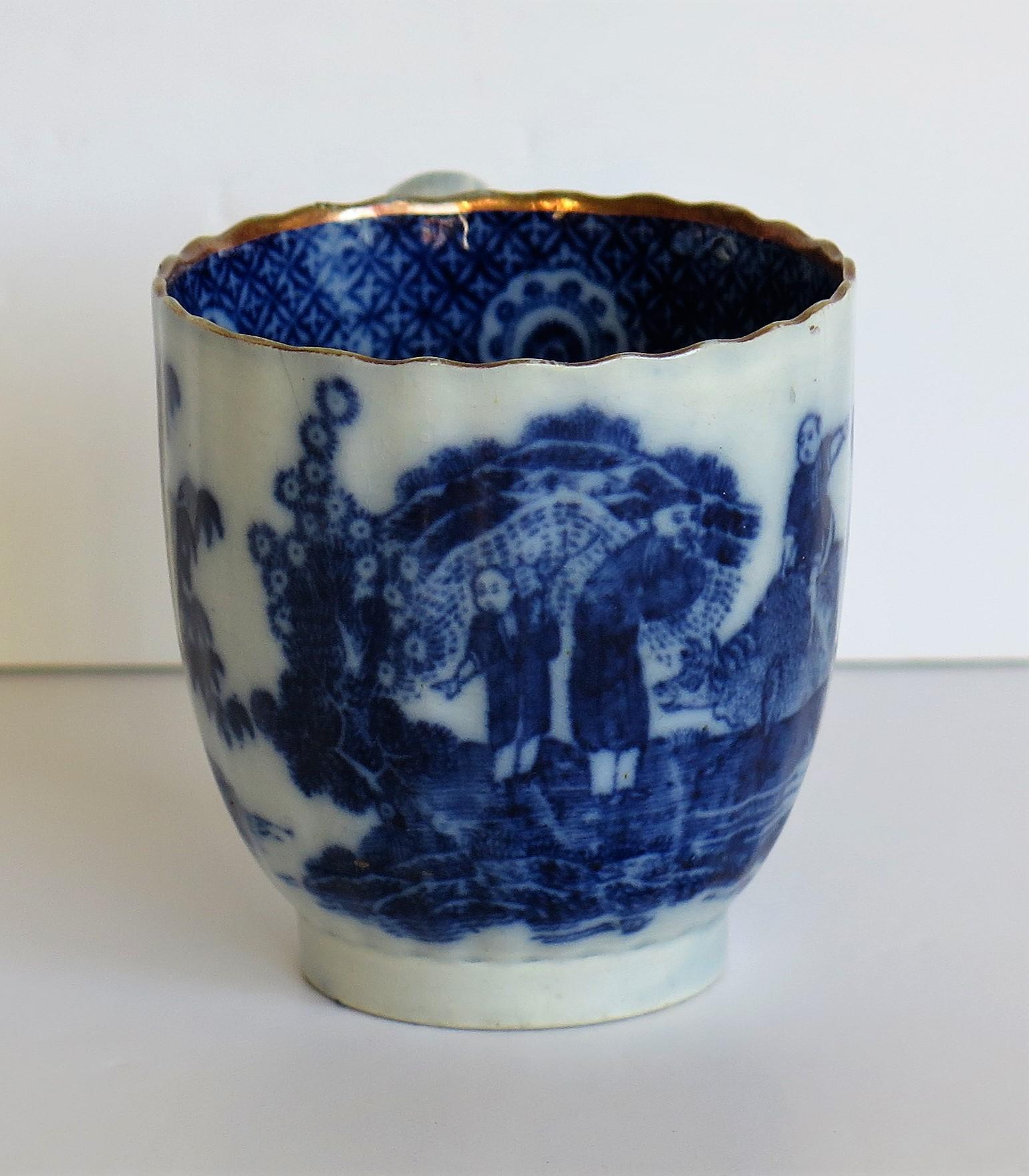 Glazed Early Coffee Cup Blue and White Boy on a Buffalo Ptn probably Spode, circa 1790 For Sale