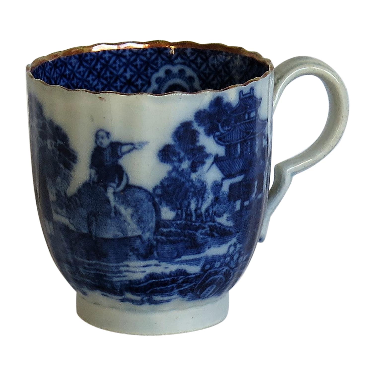 Early Coffee Cup Blue and White Boy on a Buffalo Ptn probably Spode, circa 1790 For Sale