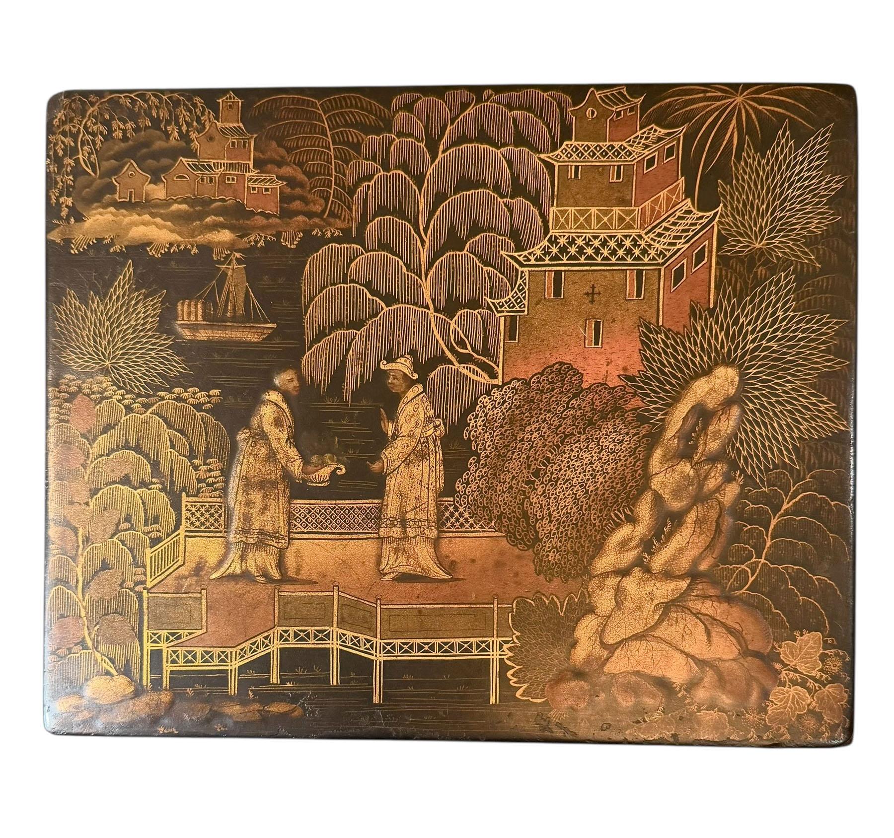 An exceptionally fine early regency Chinese black lacquer chinoiserie box, English, circa 1800. Likely originally a candy box, this piece reflects the period’s elegant fascination with asian inspired decoration.

The lacquer work is of unusually