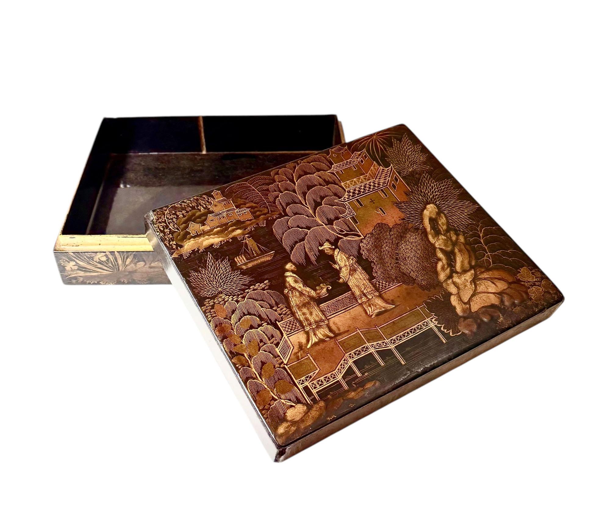Early Regency English Chinese Black Lacquer Chinoiserie Box In Good Condition For Sale In Tampa, FL