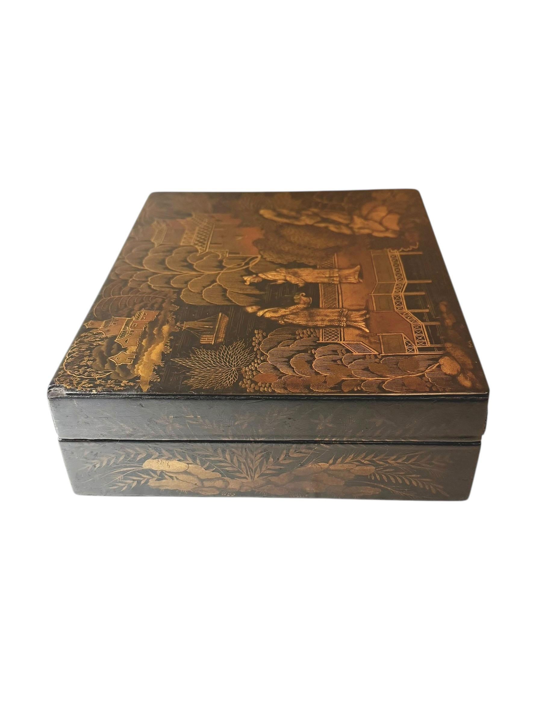 Early Regency English Chinese Black Lacquer Chinoiserie Box For Sale 2