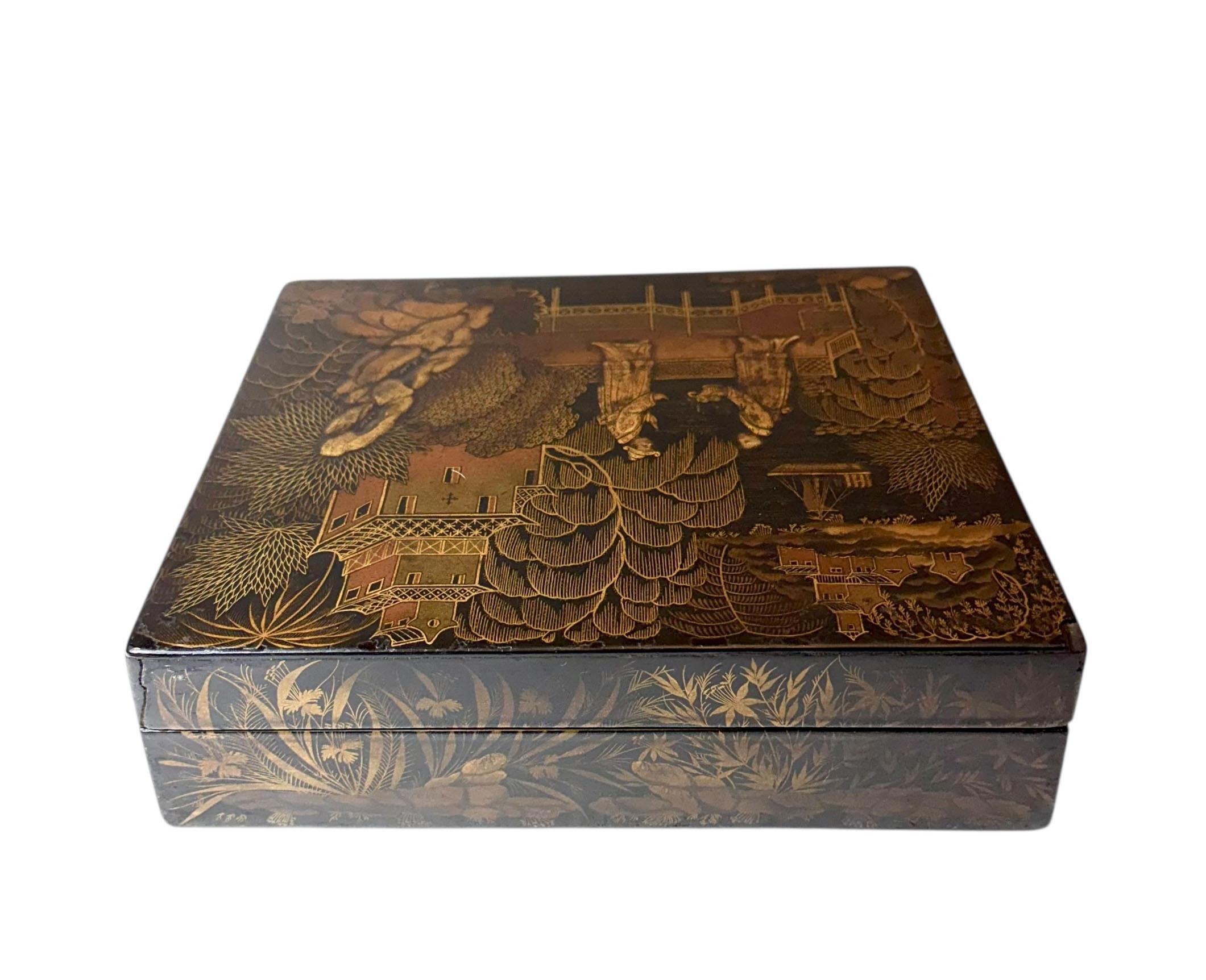 Early Regency English Chinese Black Lacquer Chinoiserie Box For Sale 3