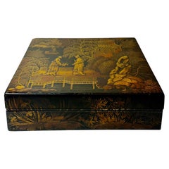 Boîte à Chinoiserie en laque noire anglaise du début de la Régence