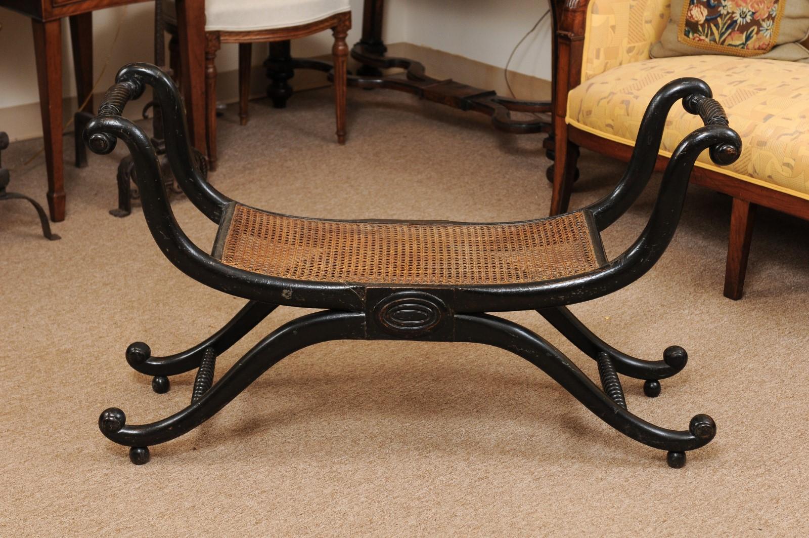 Early Regency English Ebonized and Caned Elongated Curule Stool, circa 1810 4