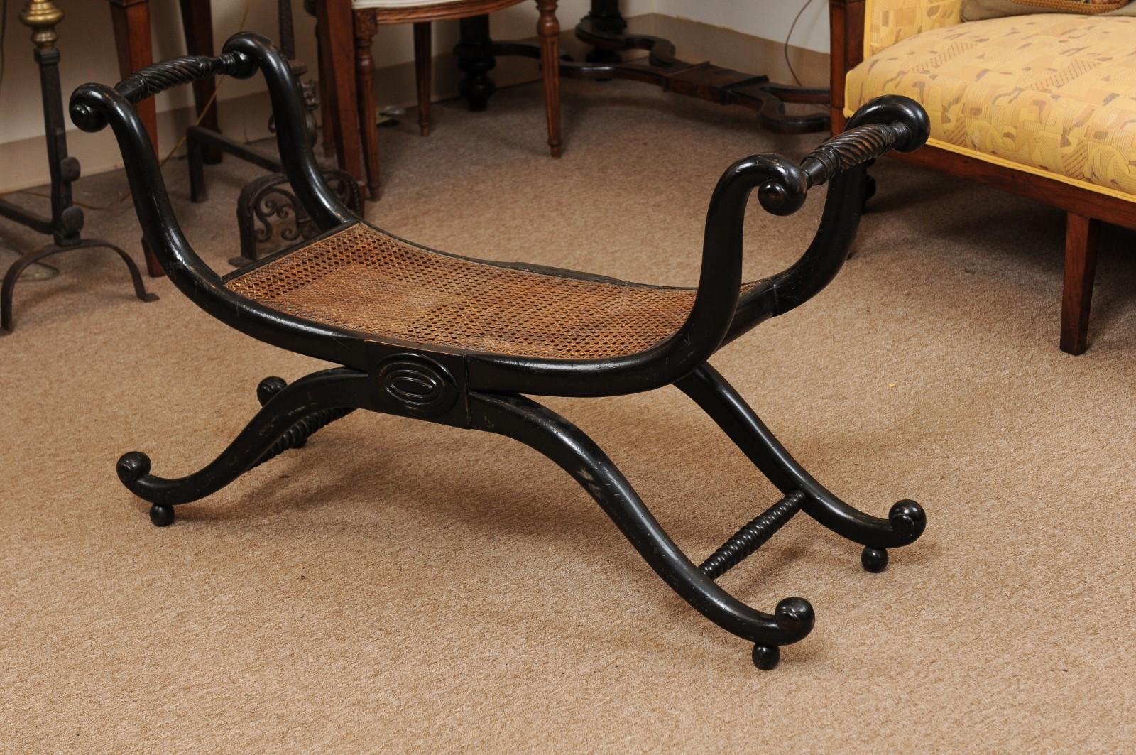 Early Regency English Ebonized and Caned Elongated Curule Stool, circa 1810 7
