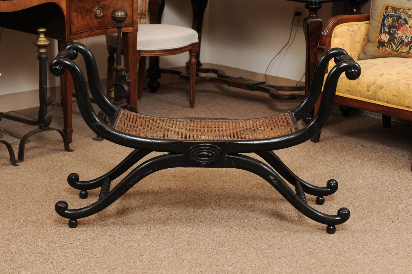 An early 19th century Regency English ebonized elongated curule stool/bench featuring scrolled arms and caned seat.